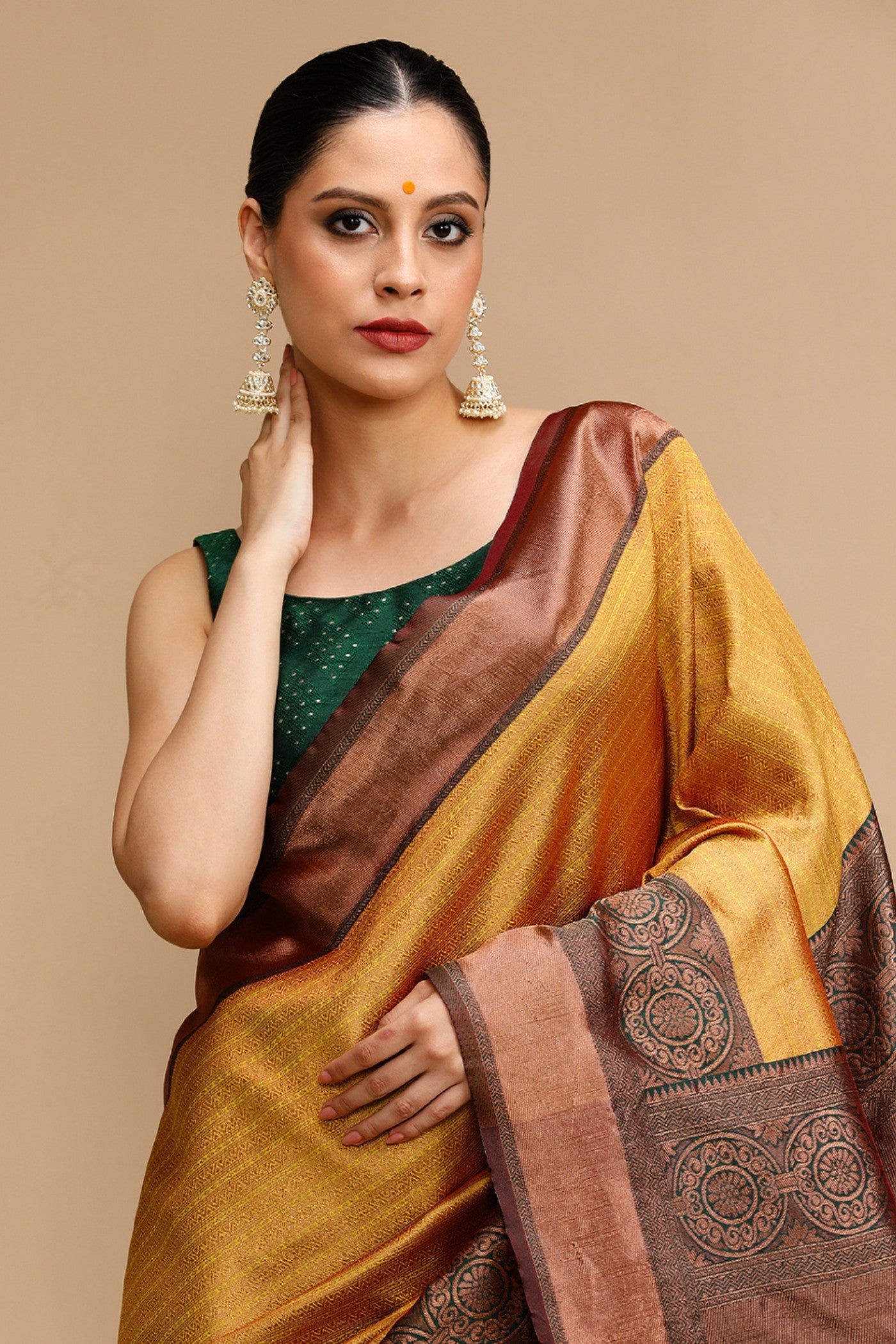 Buy MySilkLove Saffron Yellow and Green Woven Jacquard Lichi Silk Saree Online