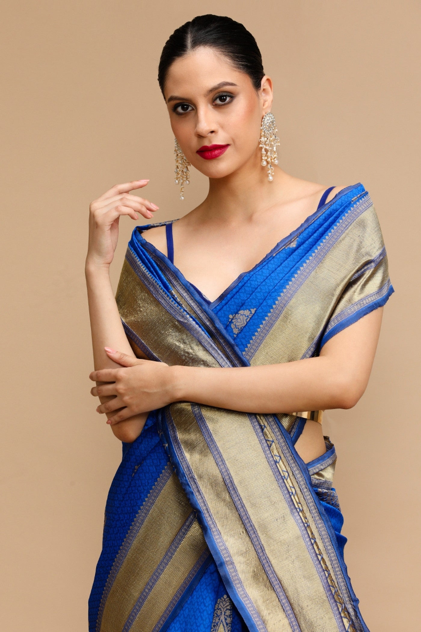 Buy MySilkLove Ultramarine Blue Woven Jacquard Lichi Silk Saree Online