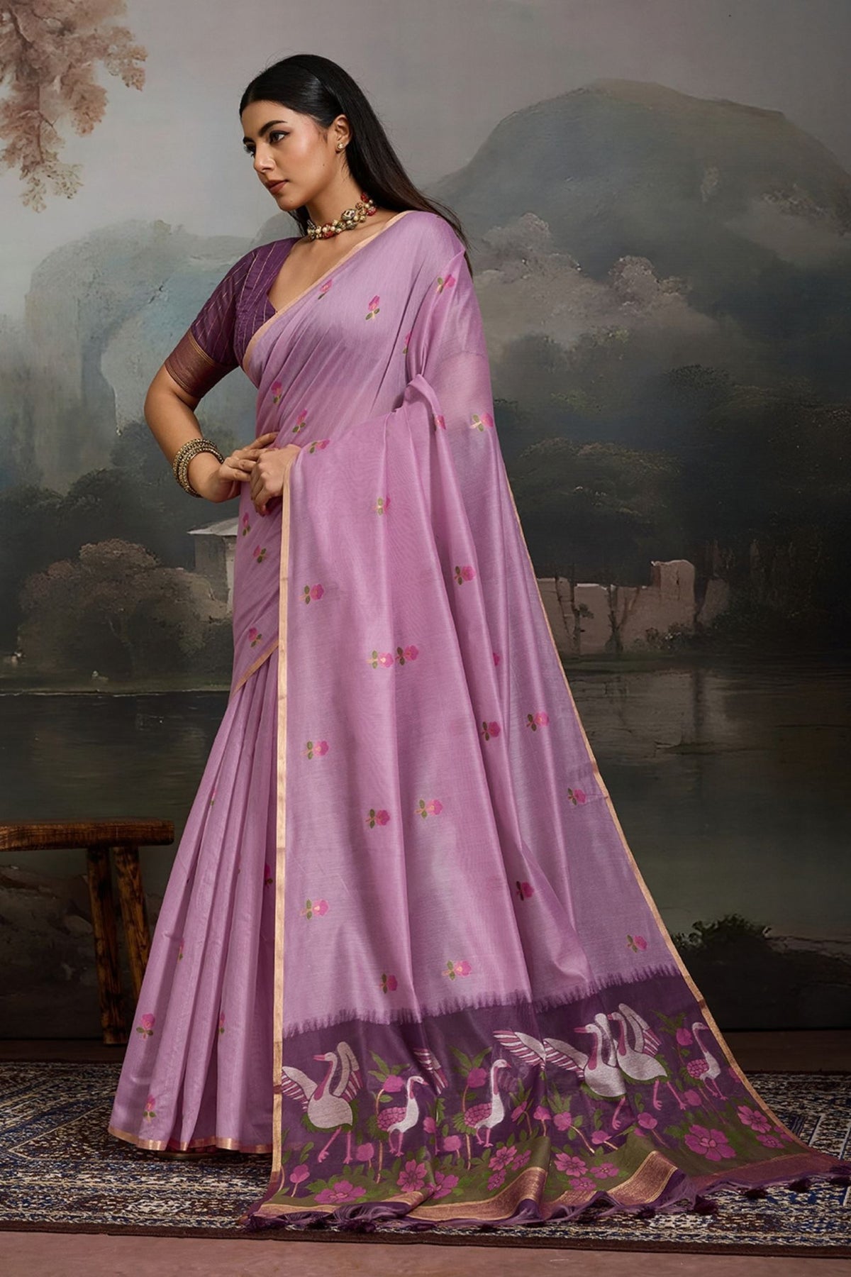 Buy MySilkLove Iris Purple Cotton Handloom Swan Saree Online