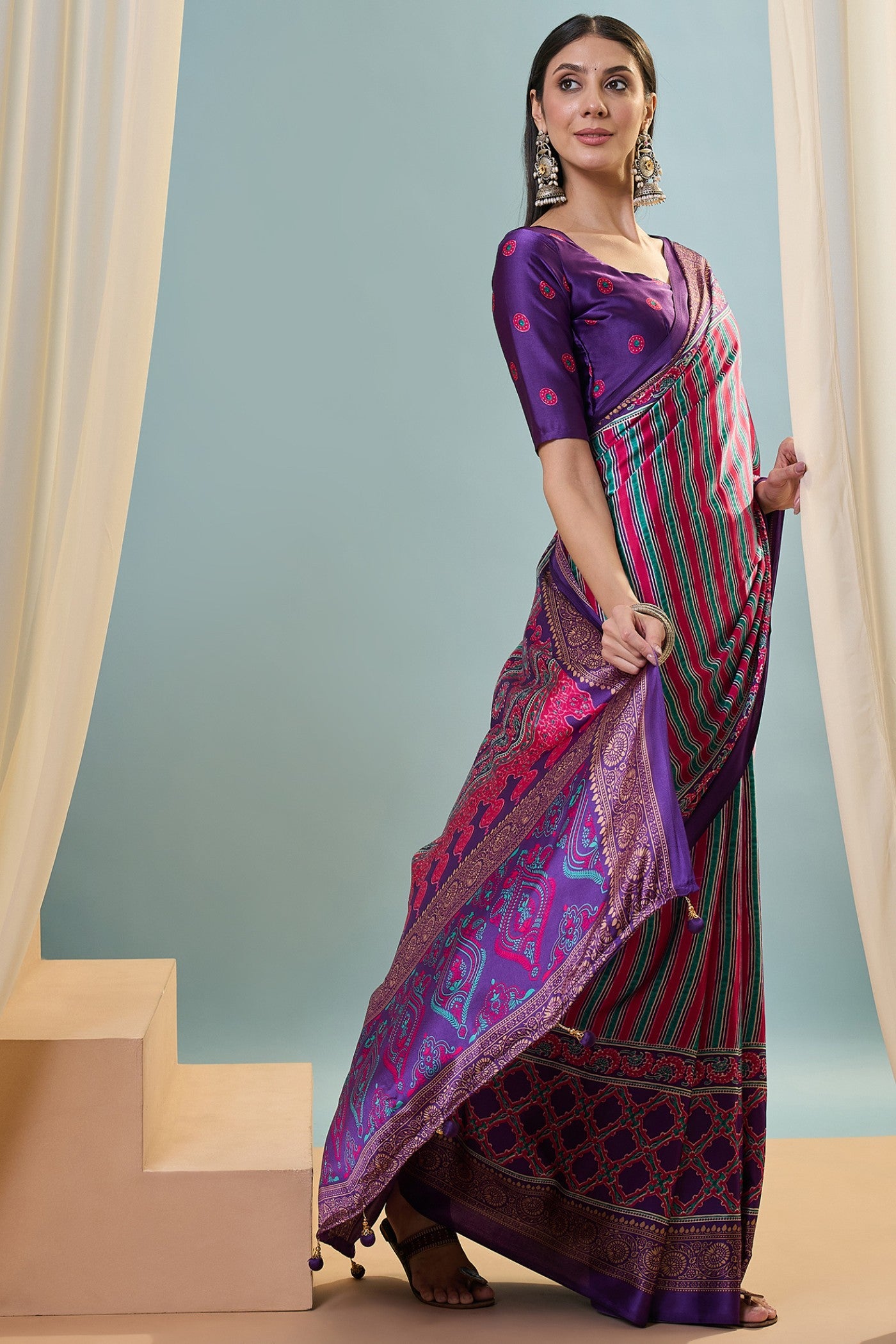 Buy MySilkLove Hexberry Purple Ajrakh Printed Satin Crepe Silk Saree Online