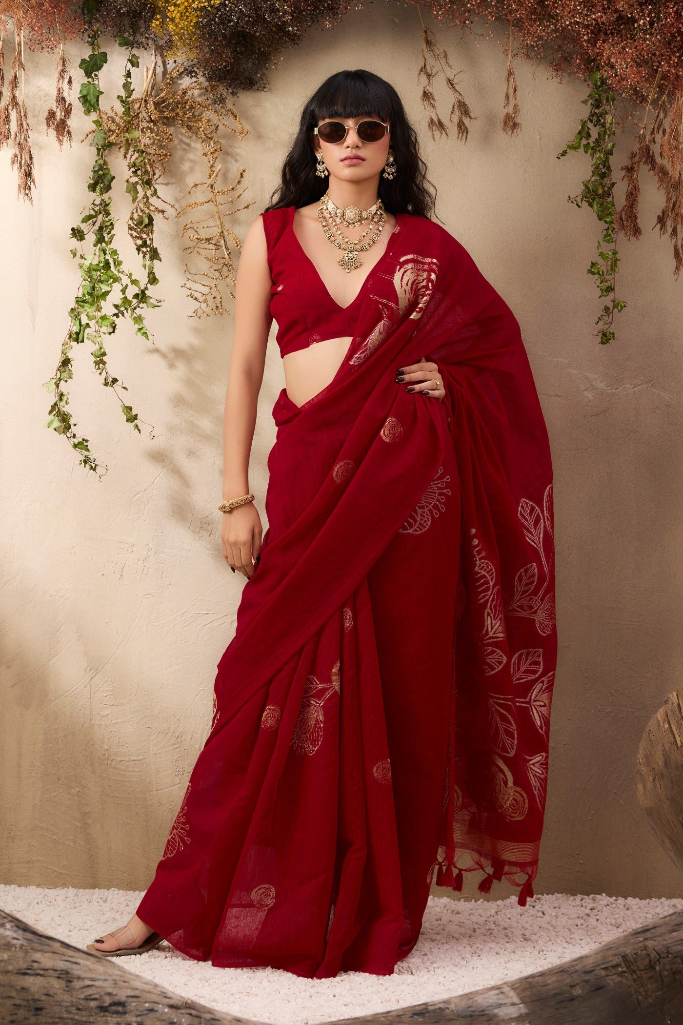 Buy MySilkLove Fire Rose Red Munga Handloom Cotton Saree Online
