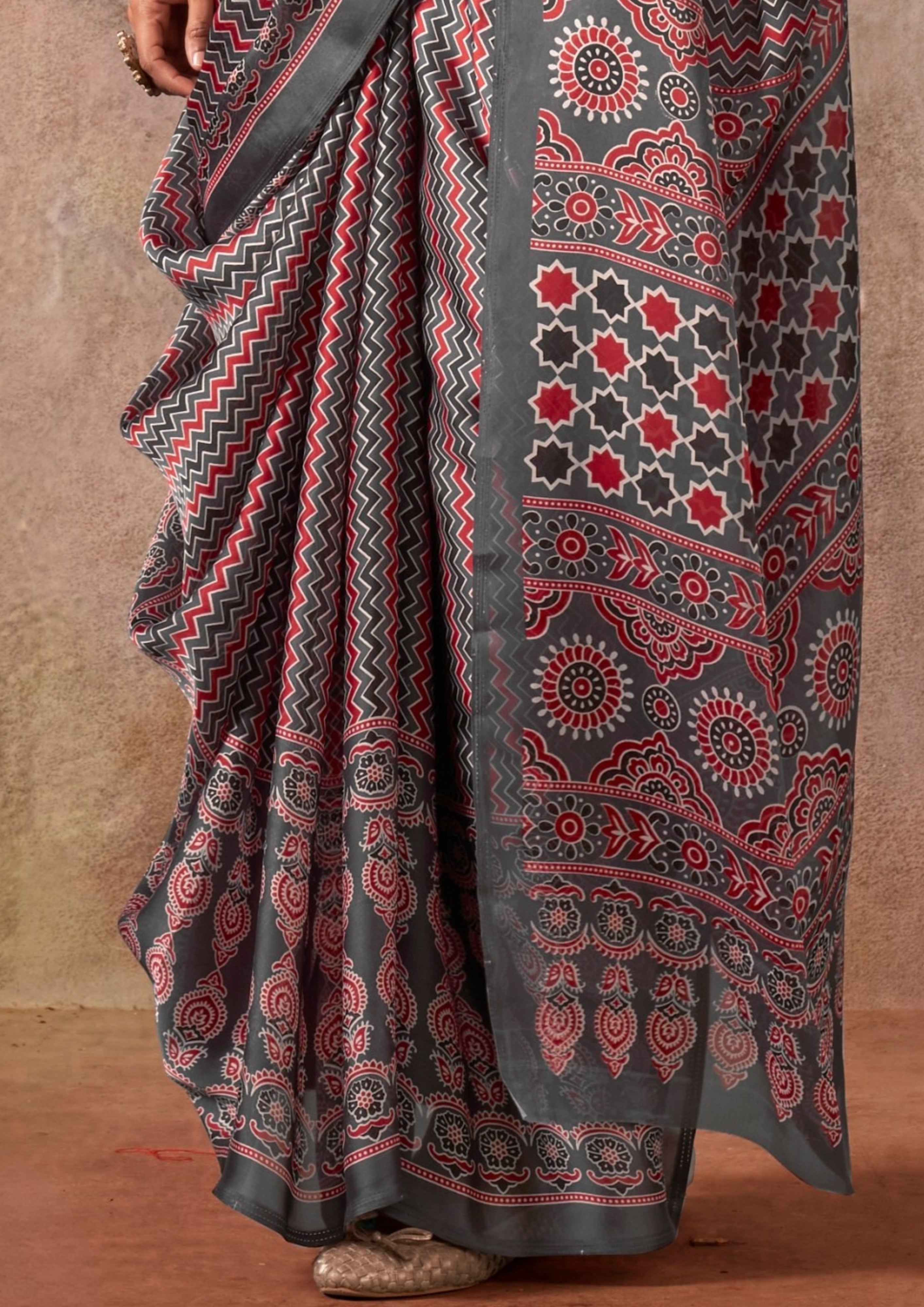 Buy MySilkLove Taupe Grey Ajrakh Printed Satin Georgette Silk Saree Online