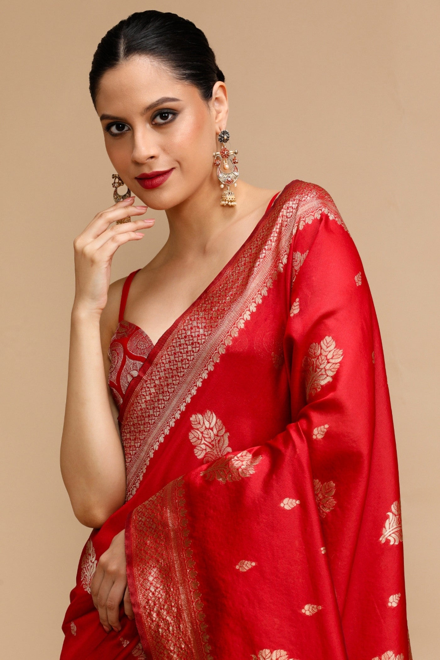 Buy MySilkLove Coral Red Woven Jacquard Lichi Silk Saree Online