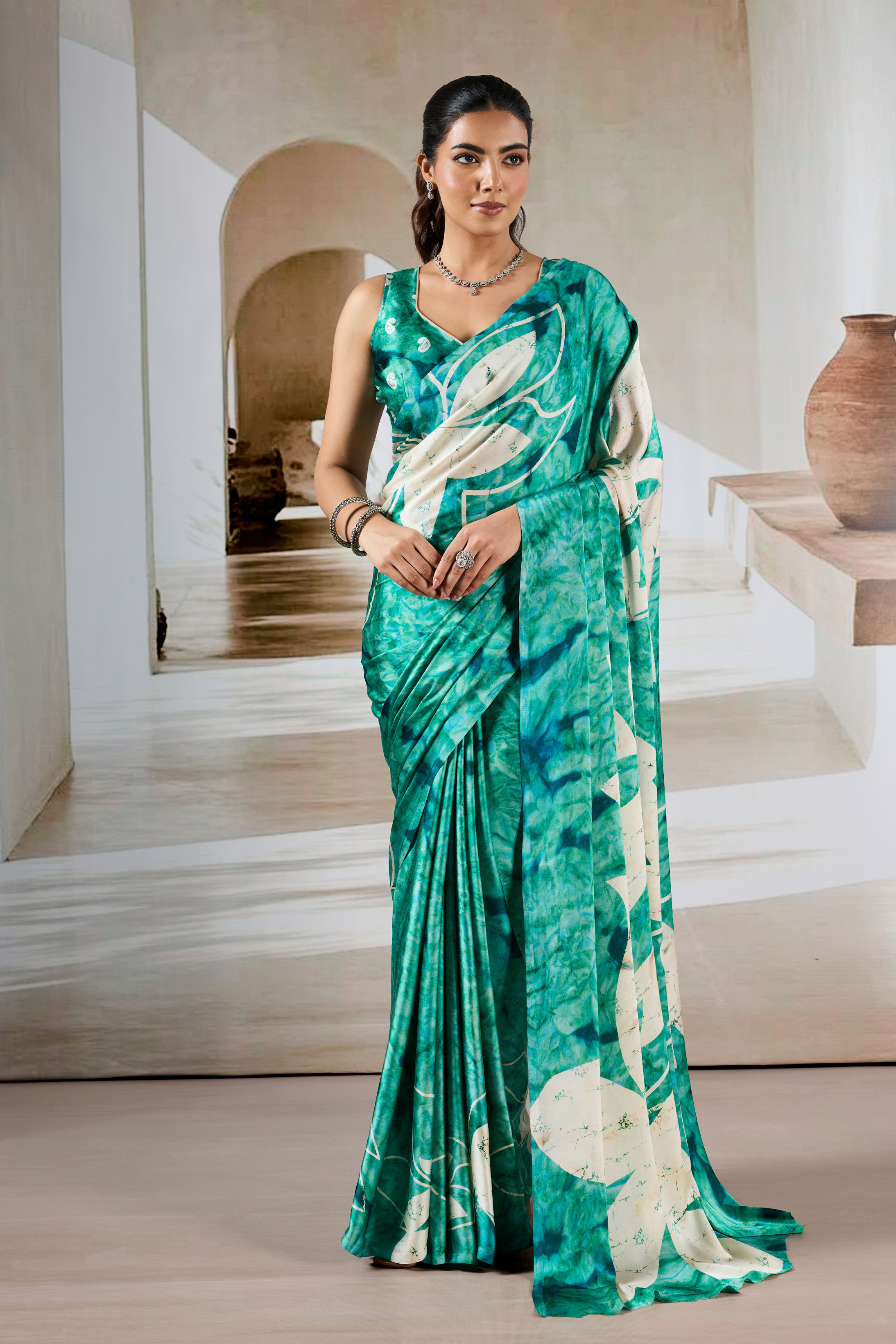 Buy MySilkLove Sea Green Modal Satin Hand Prism Print Saree Online