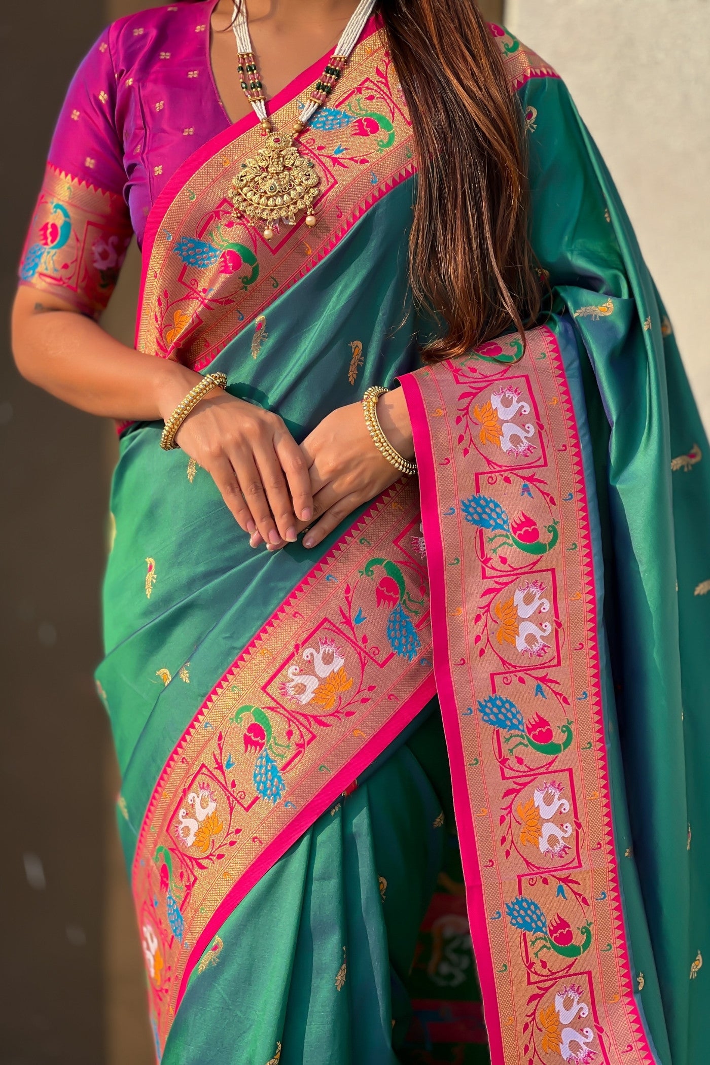 Buy MySilkLove Forest Green Zari Woven Paithani Saree Online