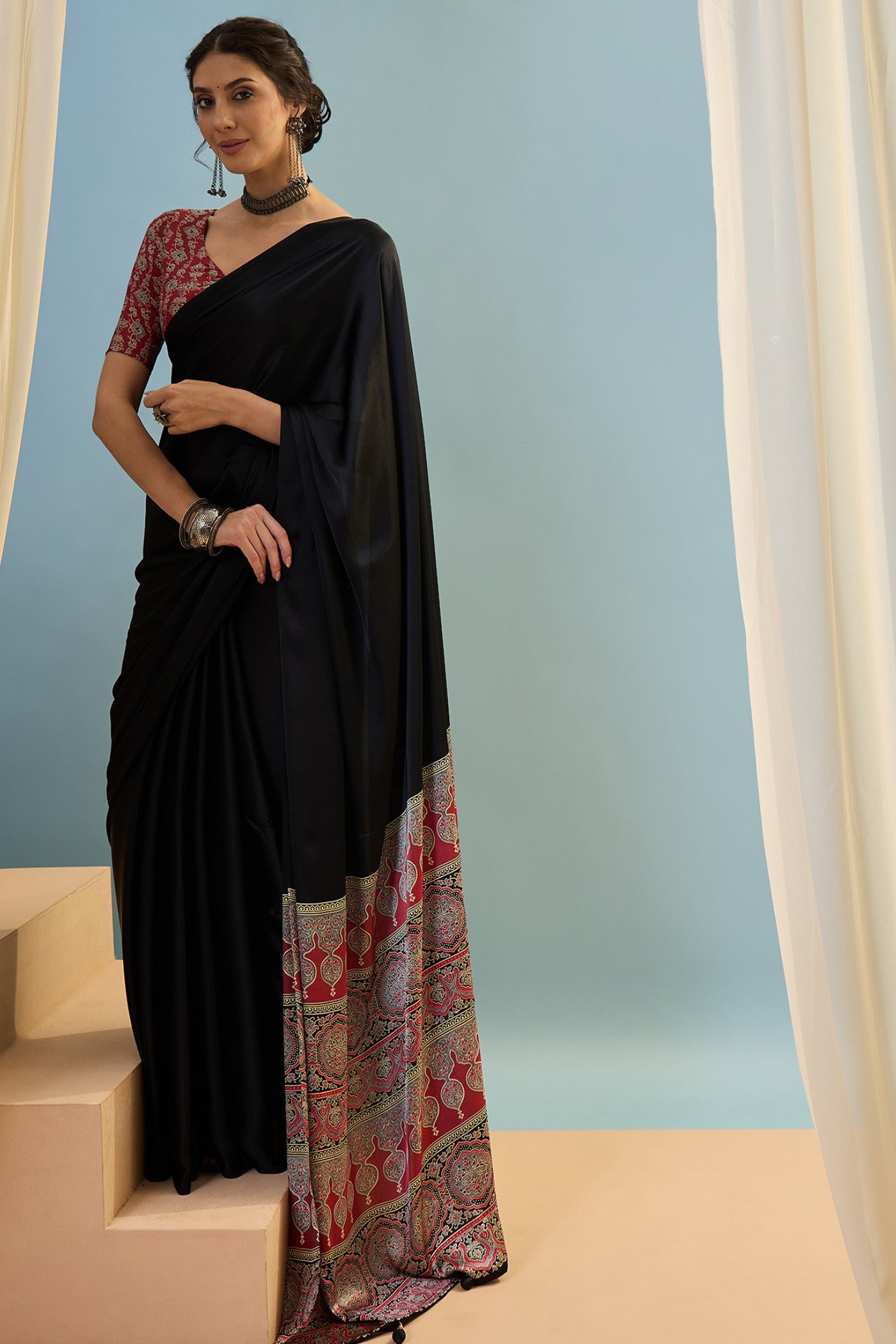 Buy MySilkLove Starfall Black Ajrakh Printed Satin Crepe Silk Saree Online