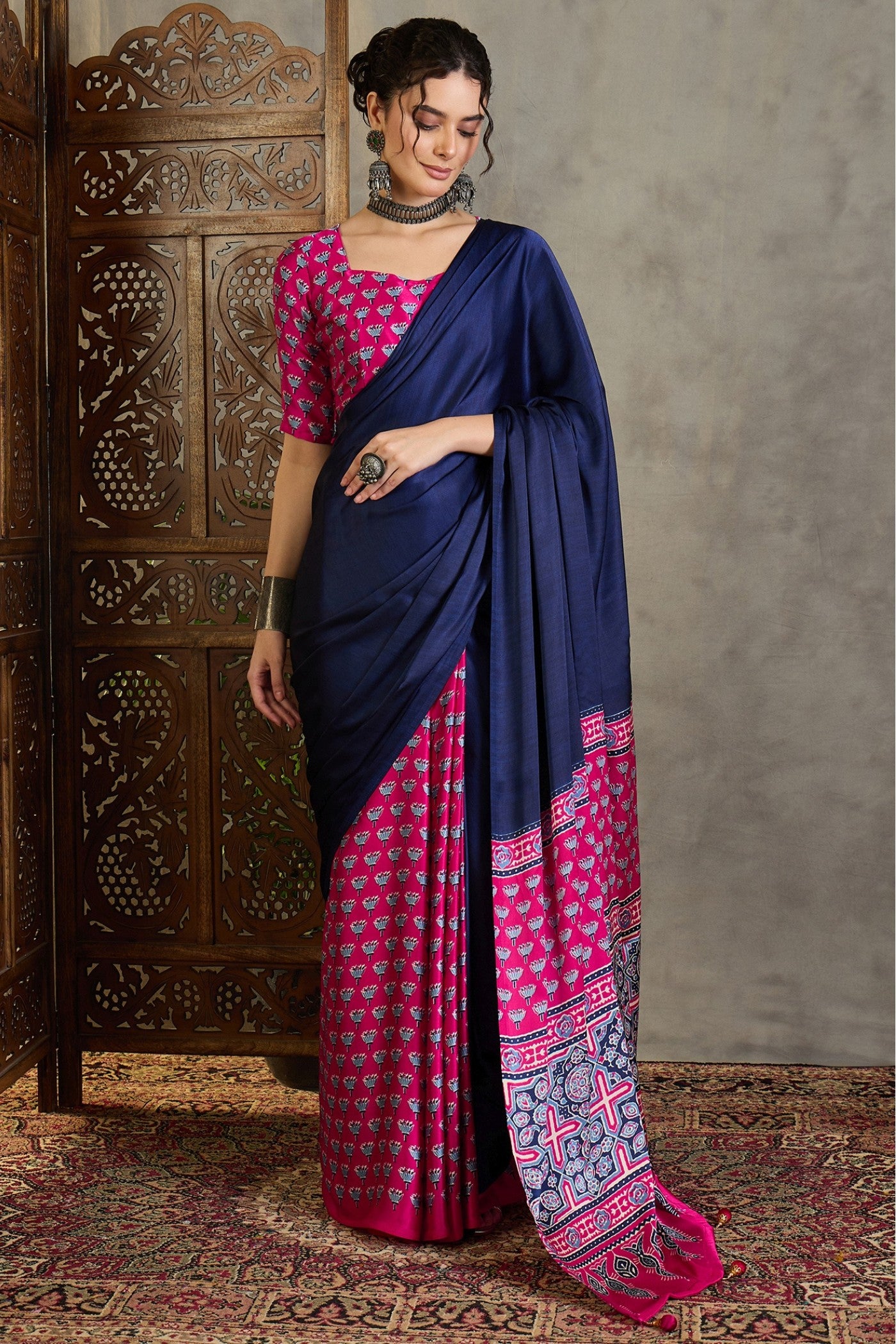Buy MySilkLove Castle Blue and Pink Ajrakh Printed Satin Crepe Silk Saree Online