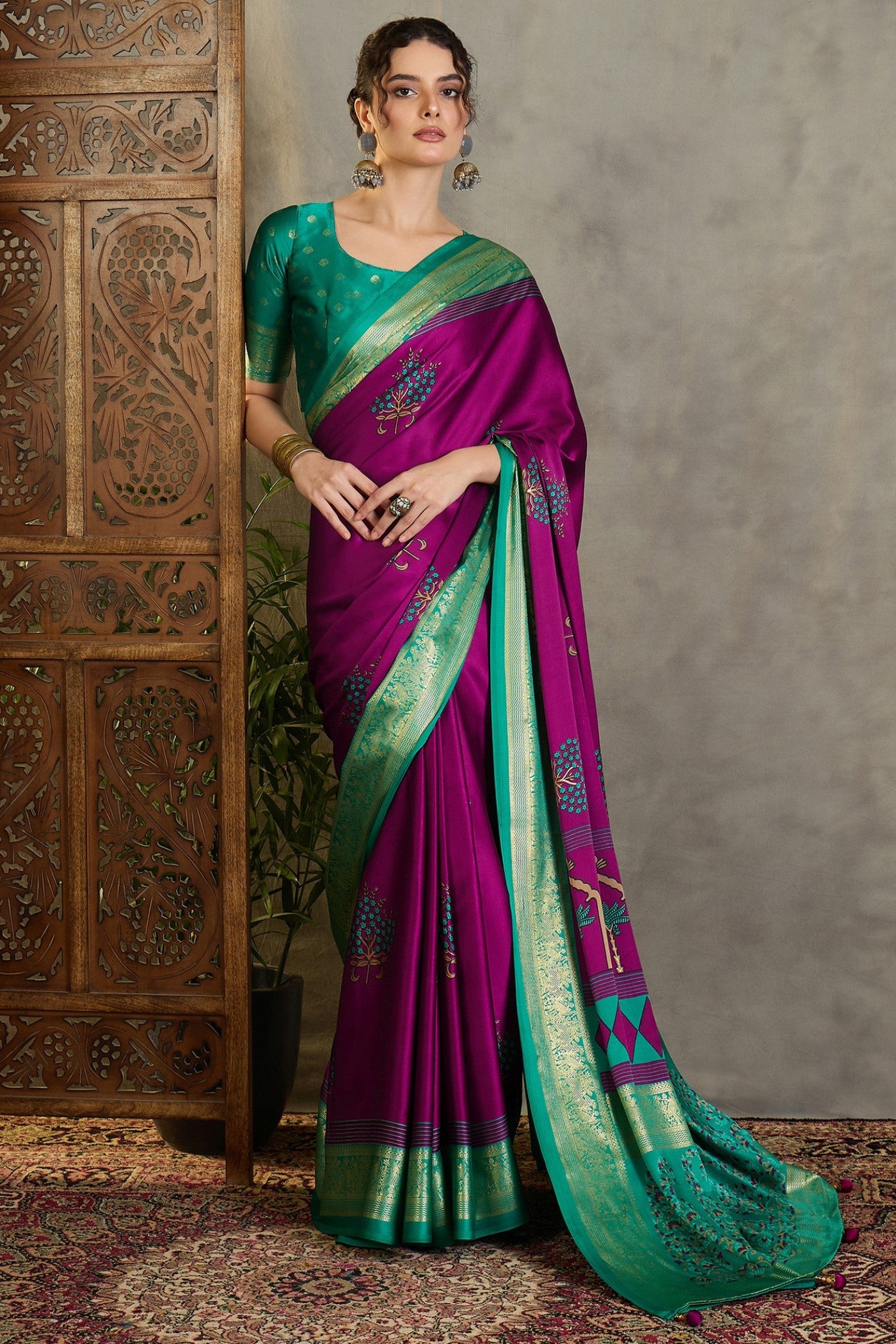 Buy MySilkLove Haze Purple and Green Printed Satin Crepe Silk Saree Online