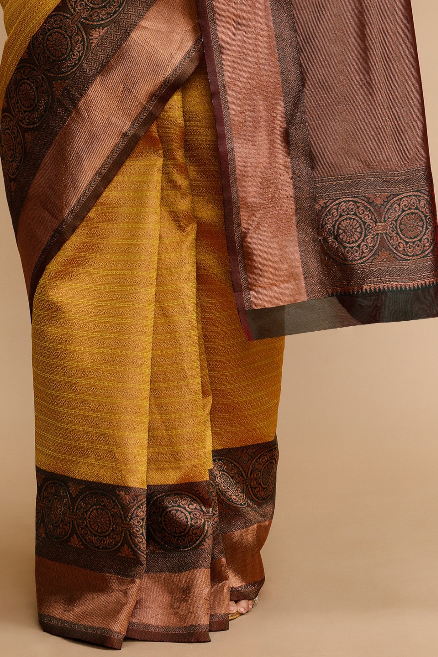 Buy MySilkLove Saffron Yellow and Green Woven Jacquard Lichi Silk Saree Online