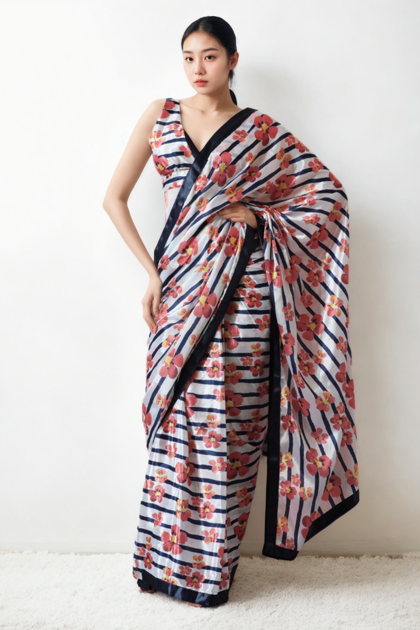 Buy MySilkLove Bone White and Pink Chinon Digital Printed Ready To Wear Saree Online