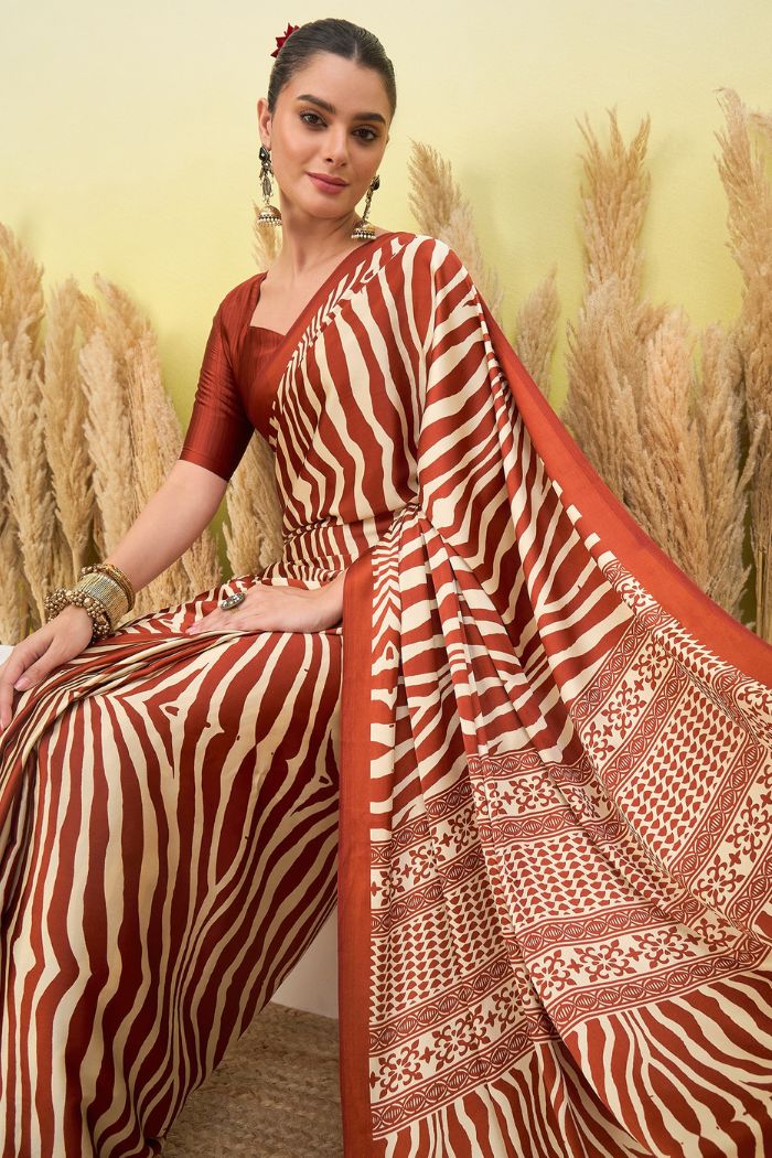 Buy MySilkLove Mocha Brown Modal Ajrakh Satin Printed Silk Saree Online