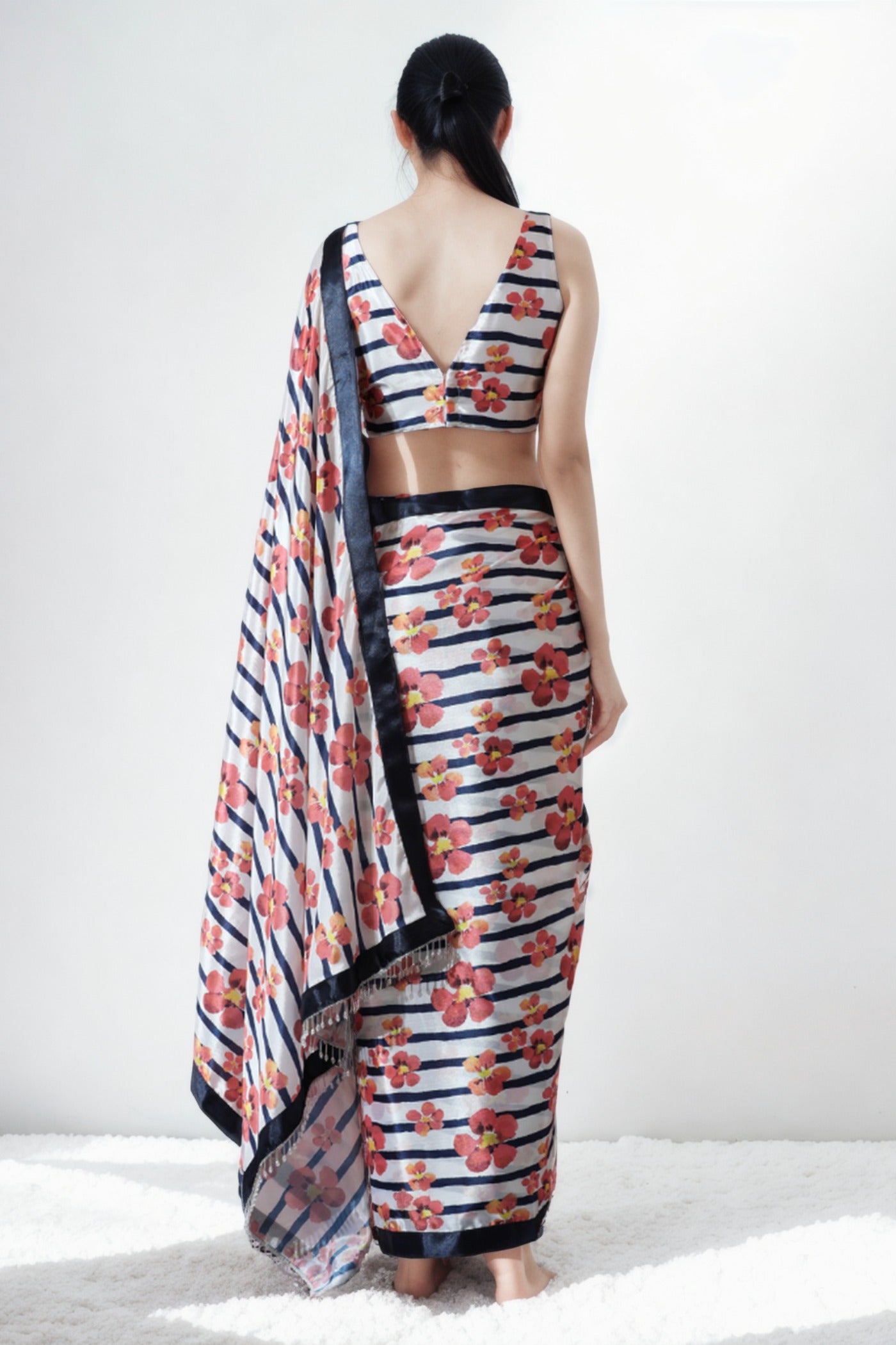 Buy MySilkLove Bone White and Pink Chinon Digital Printed Ready To Wear Saree Online