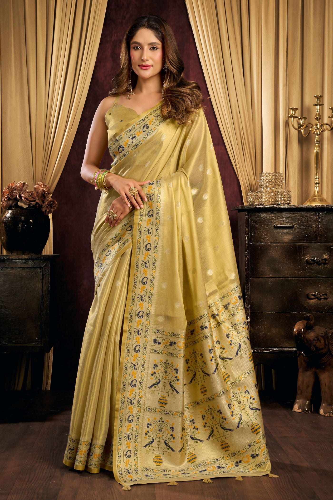 Buy MySilkLove Ochre Yellow Woven Tissue Paithani Saree Online