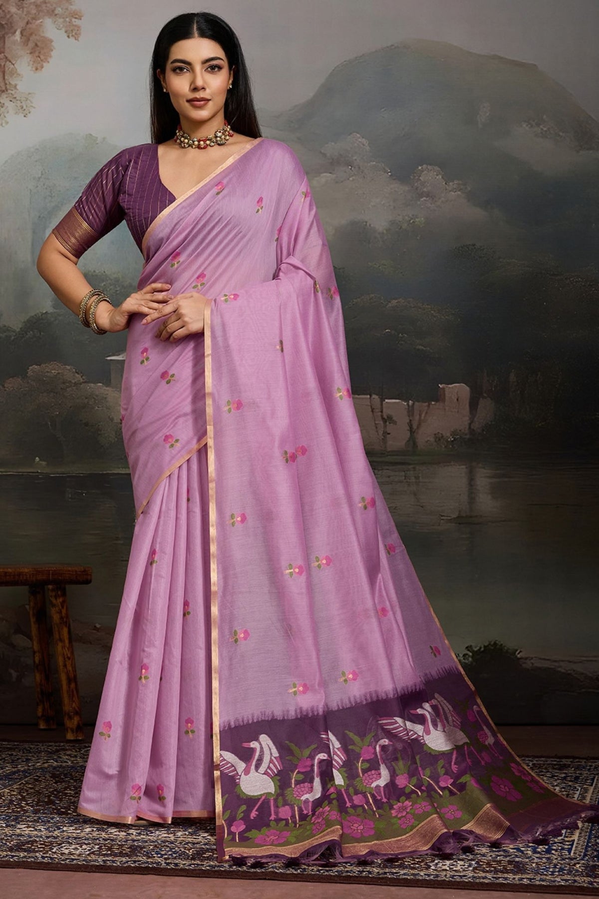 Buy MySilkLove Iris Purple Cotton Handloom Swan Saree Online