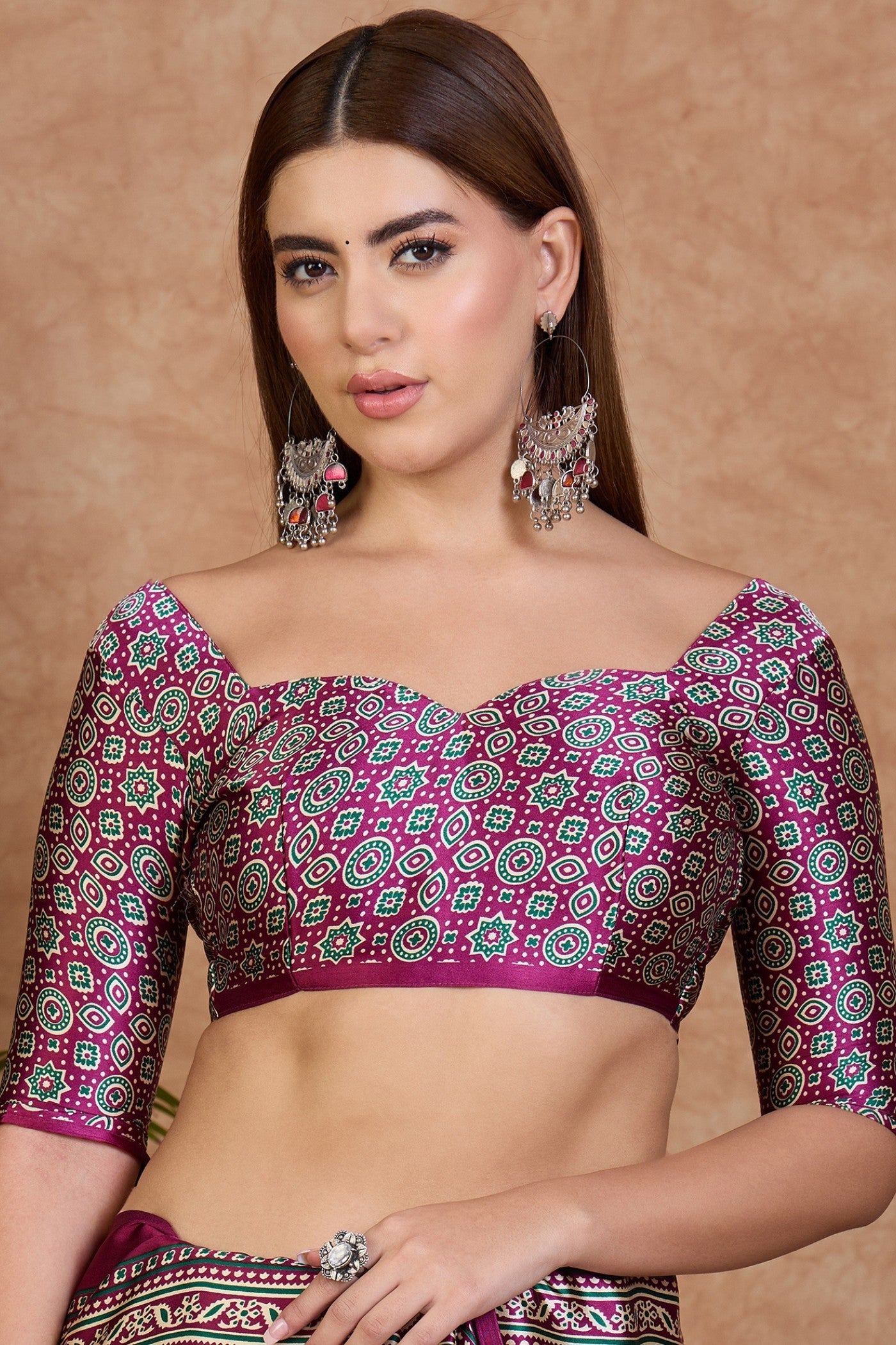 Buy MySilkLove Alabaster Cream and Purple Ajrakh Printed Satin Crepe Silk Saree Online