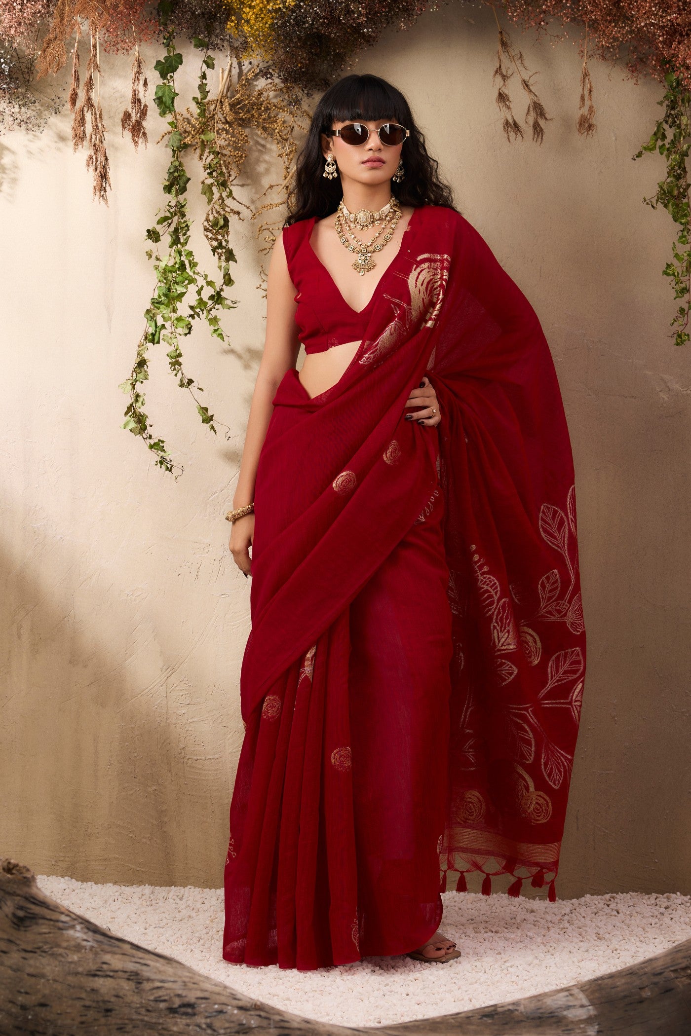 Buy MySilkLove Fire Rose Red Munga Handloom Cotton Saree Online