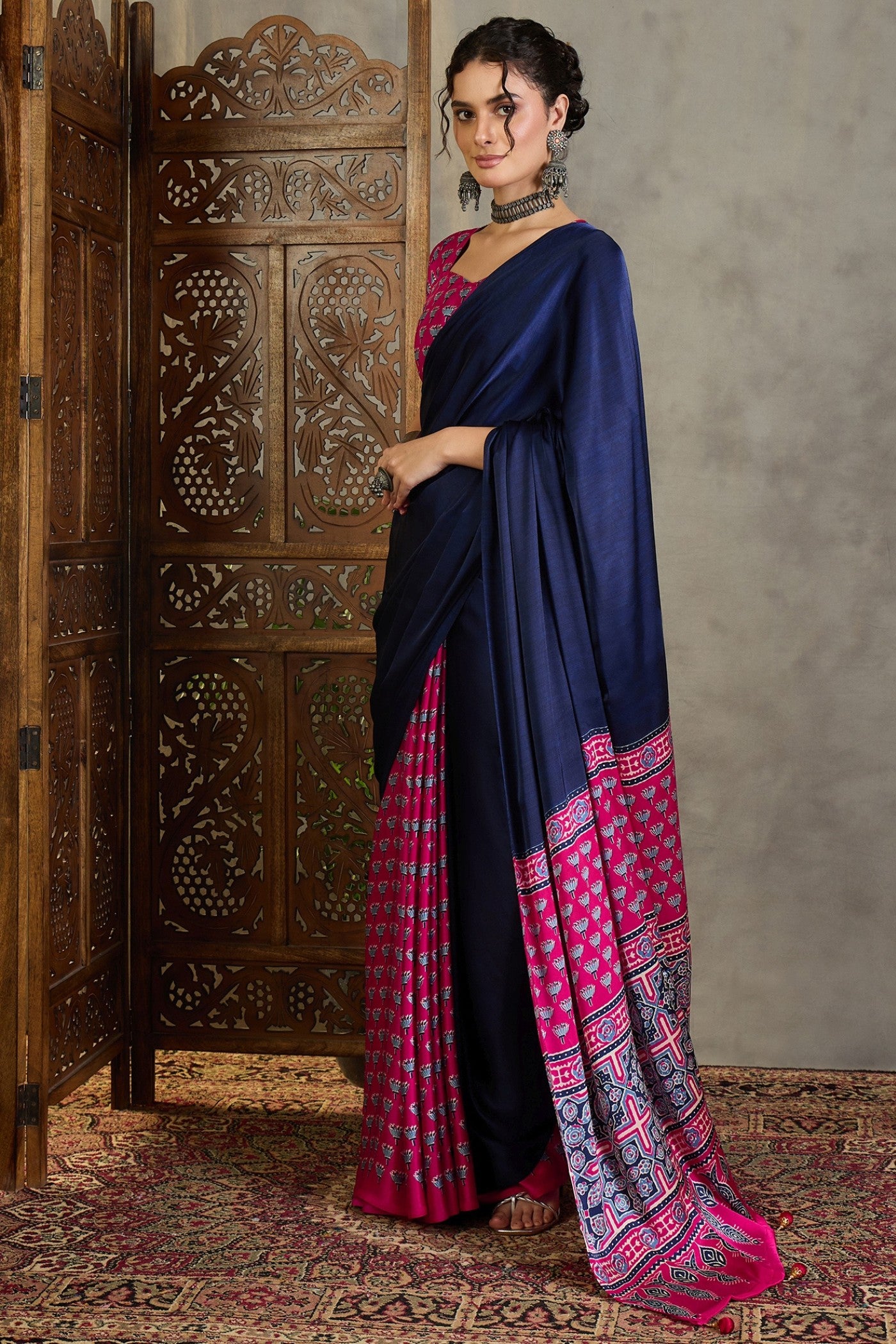 Buy MySilkLove Castle Blue and Pink Ajrakh Printed Satin Crepe Silk Saree Online