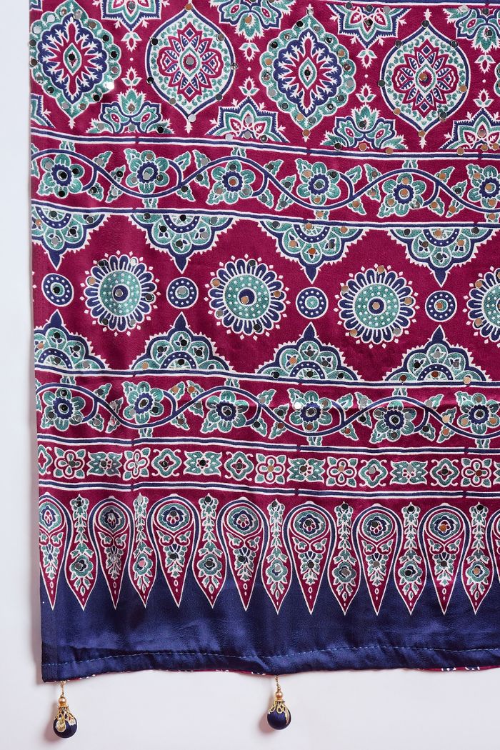 Buy MySilkLove Coral Purple Modal Ajrakh Satin Printed Mirror Work Saree Online