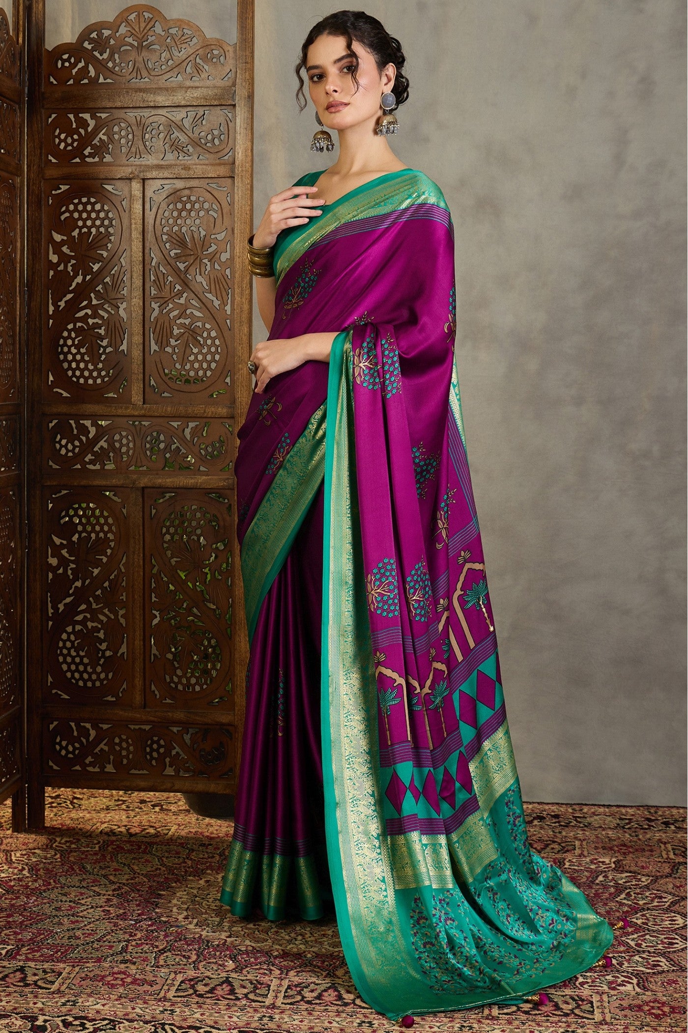 Buy MySilkLove Haze Purple and Green Printed Satin Crepe Silk Saree Online