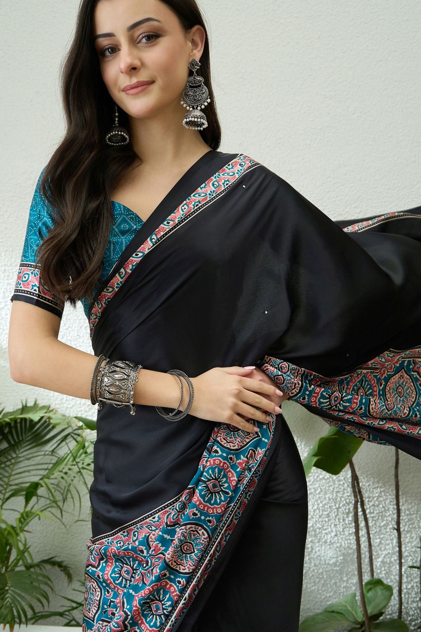 MySilkLove Eclipse Black and Blue Modal Ajrakh Satin Printed Silk Saree