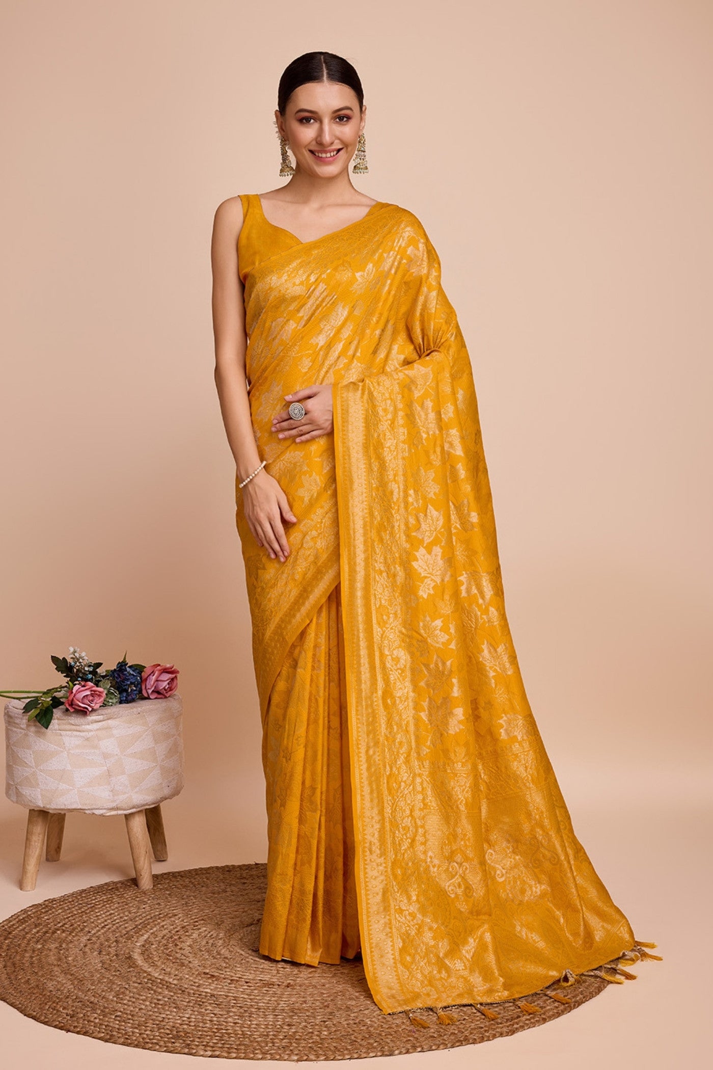 Buy MySilkLove Mikado Yellow Banarasi Soft Silk Saree Online
