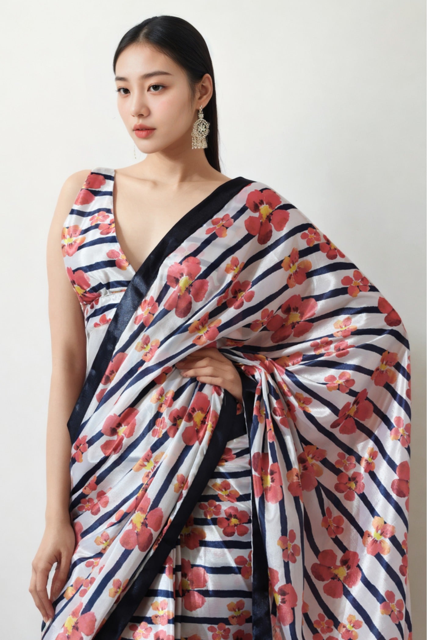 Buy MySilkLove Bone White and Pink Chinon Digital Printed Ready To Wear Saree Online