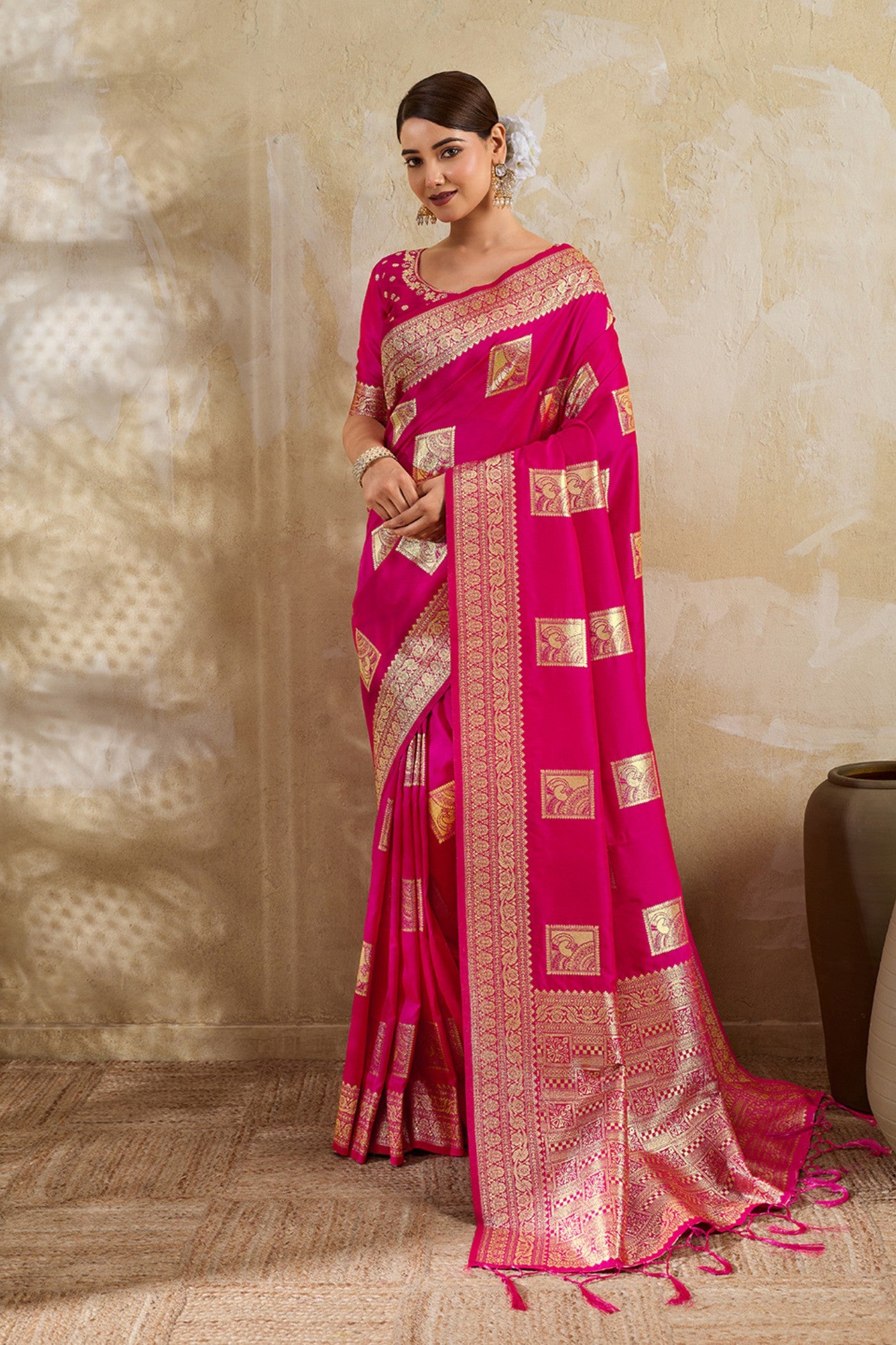 Buy MySilkLove Barbie Pink Woven Banarasi Soft Silk Saree Online