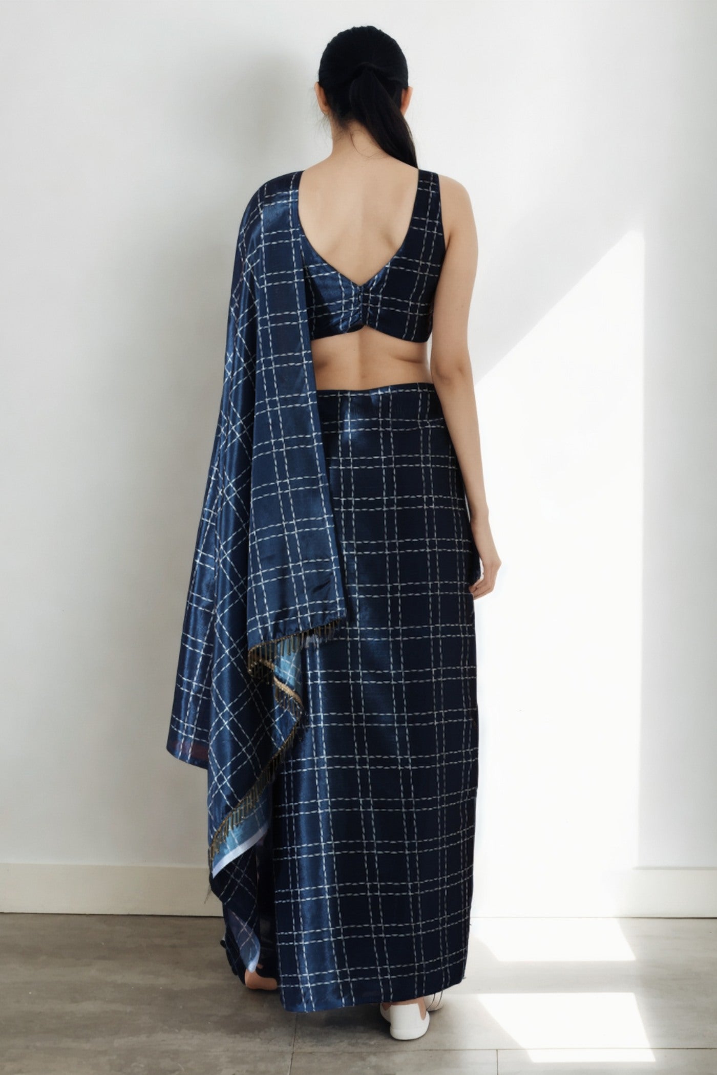 Buy MySilkLove Space Blue Chinon Printed Ready To Wear Saree Online