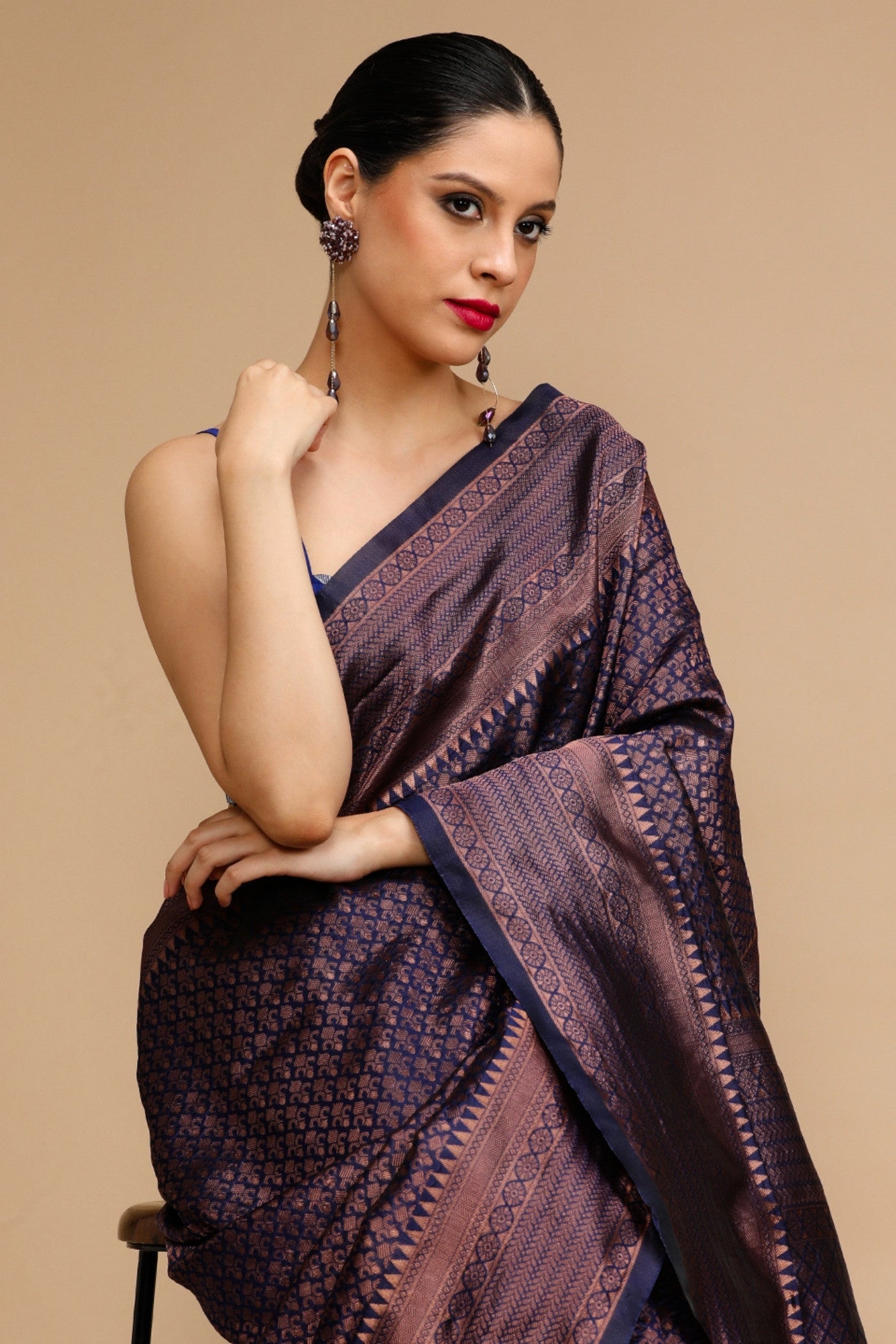 Buy MySilkLove Auburn Brown Woven Jacquard Lichi Silk Saree Online