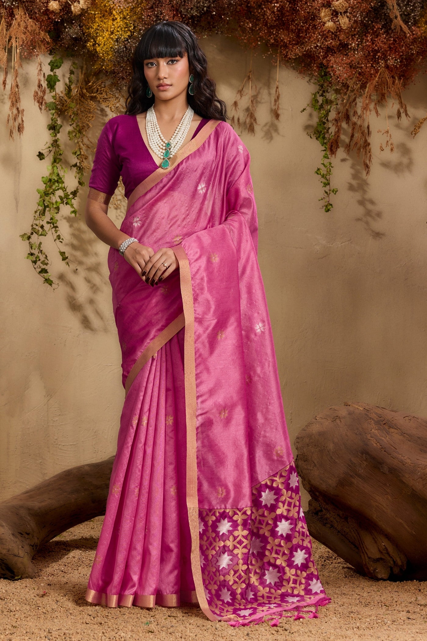 Buy MySilkLove Ultra Pink Tussar Handloom Silk Saree Online