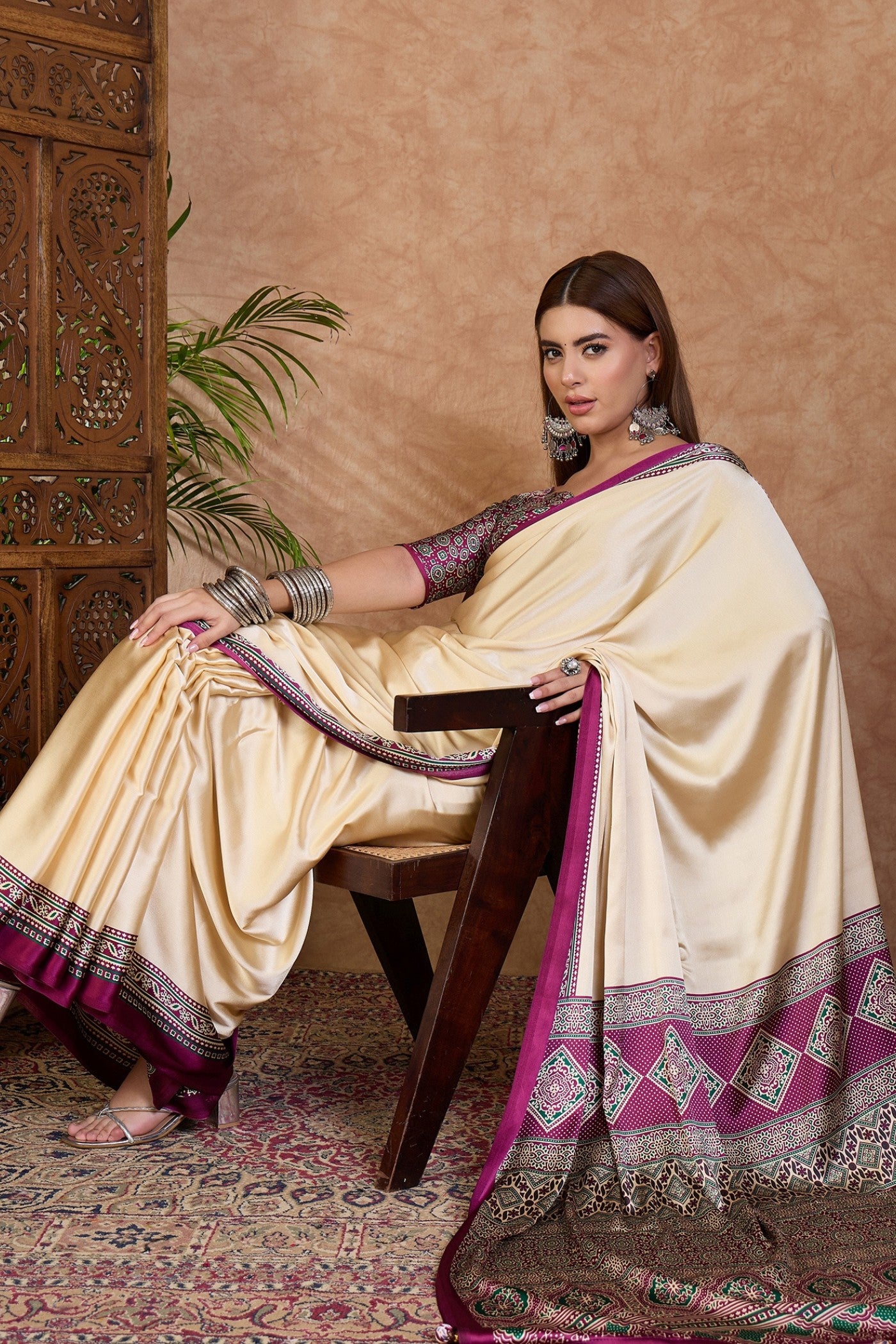MySilkLove Alabaster Cream and Purple Ajrakh Printed Satin Crepe Silk Saree