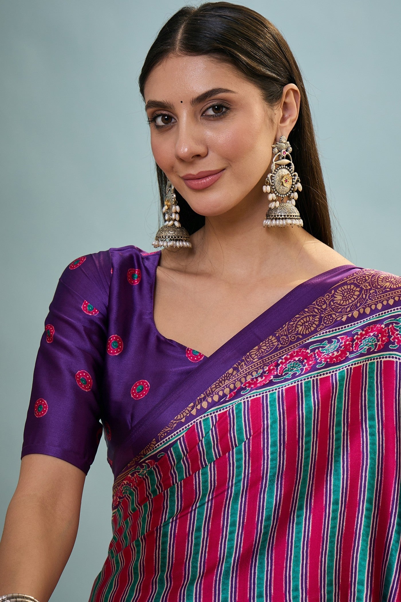 Buy MySilkLove Hexberry Purple Ajrakh Printed Satin Crepe Silk Saree Online