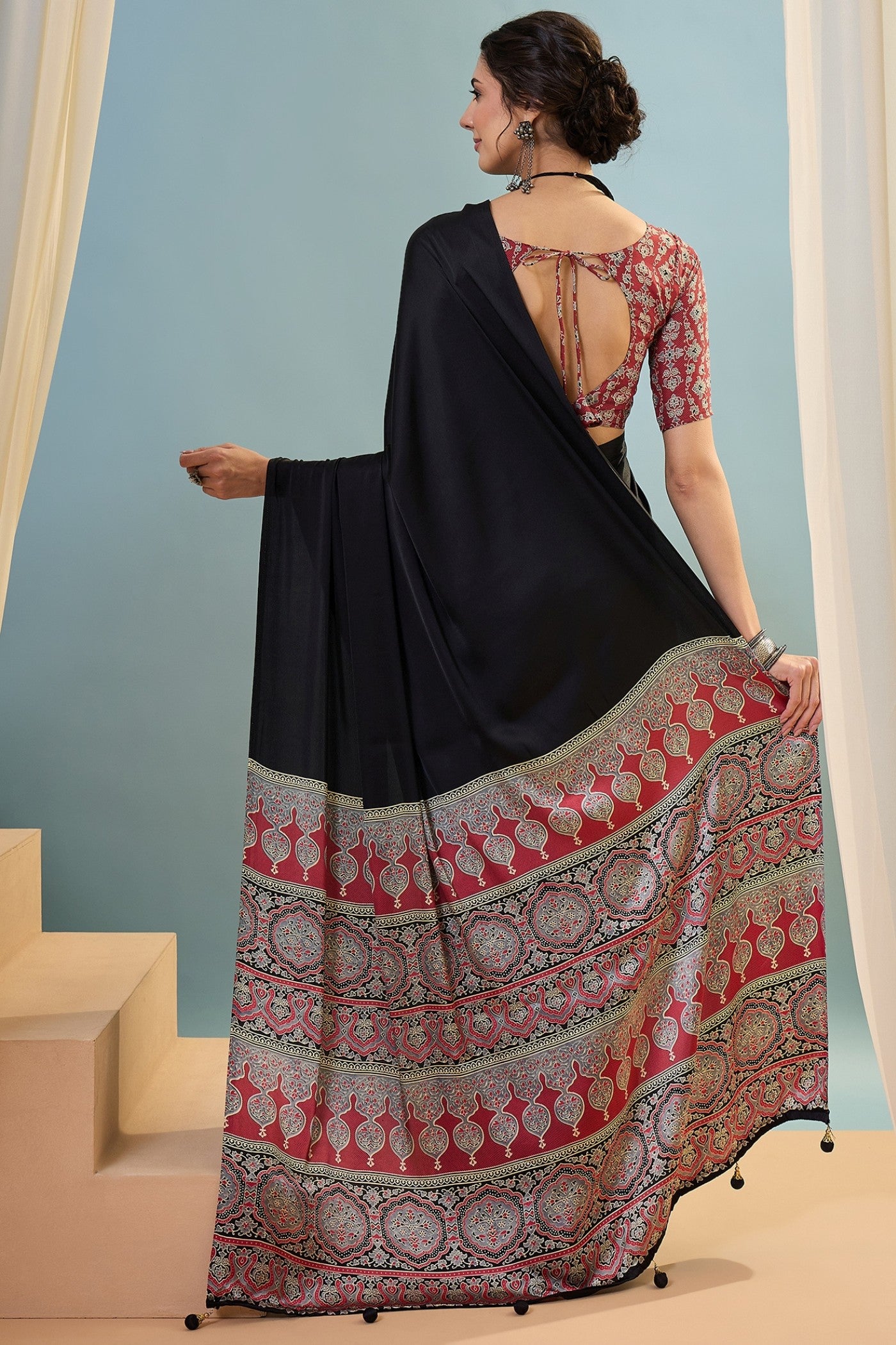 Buy MySilkLove Starfall Black Ajrakh Printed Satin Crepe Silk Saree Online