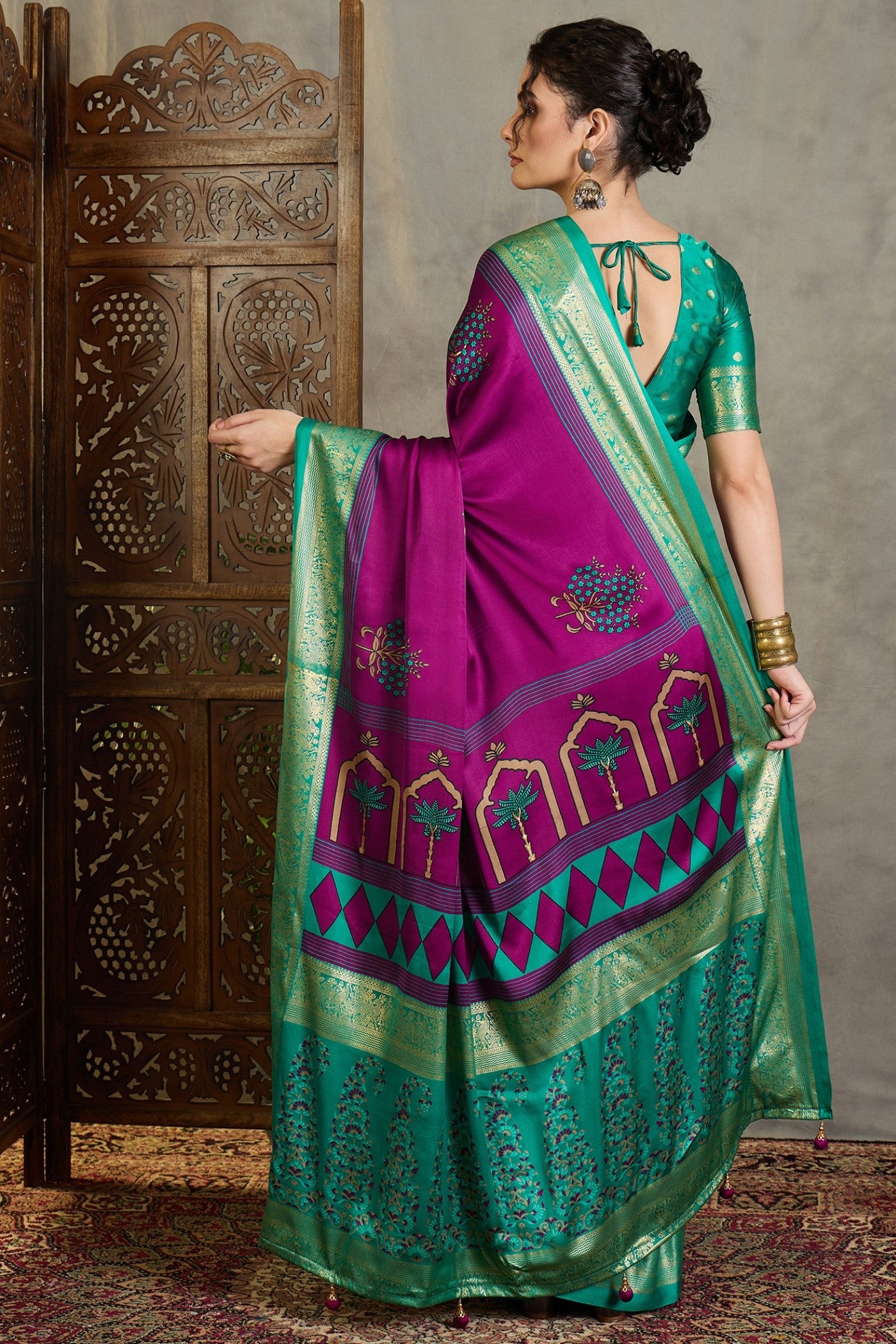 Buy MySilkLove Haze Purple and Green Printed Satin Crepe Silk Saree Online