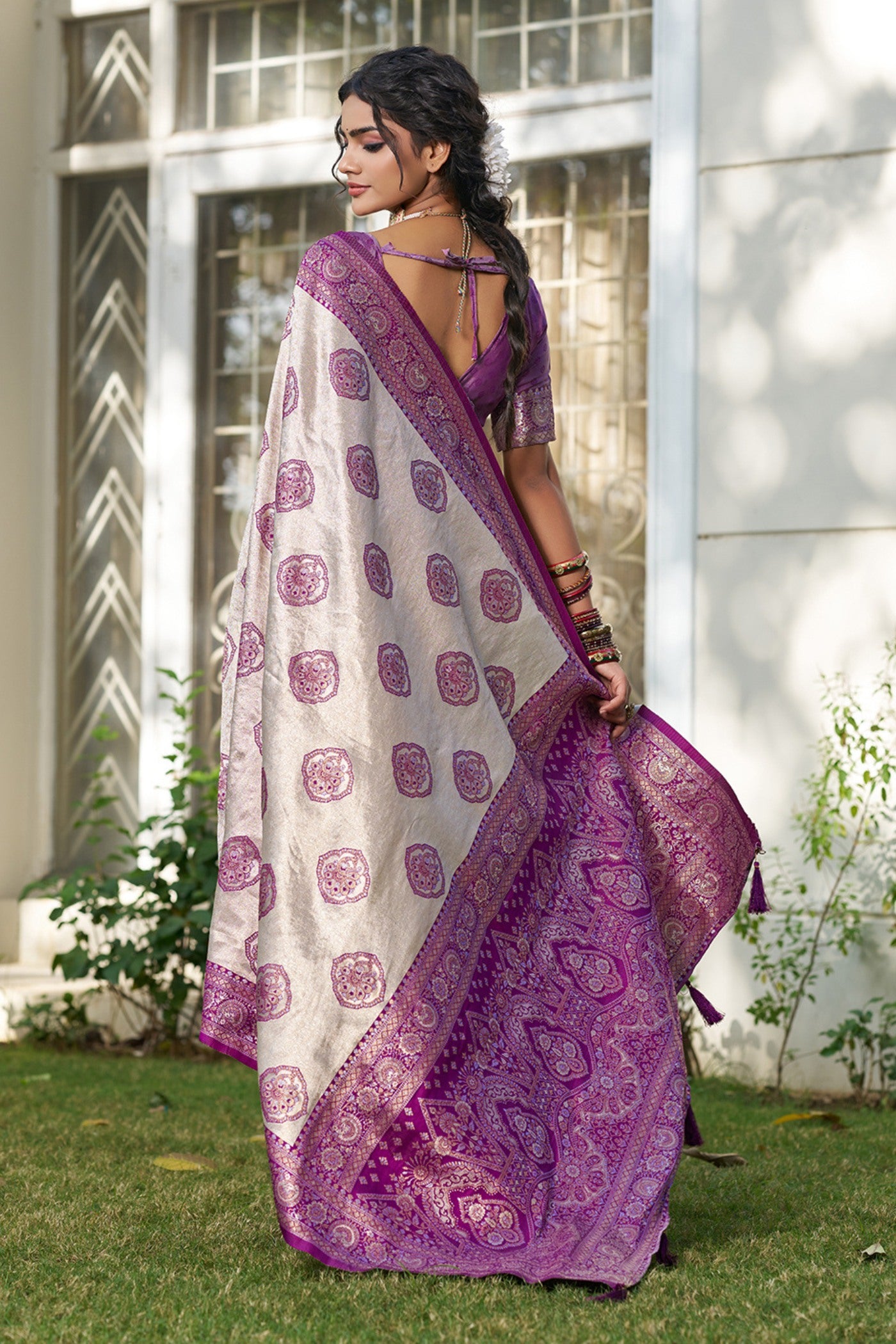Buy MySilkLove Classic Ivory and Purple Woven Banarasi Saree Online