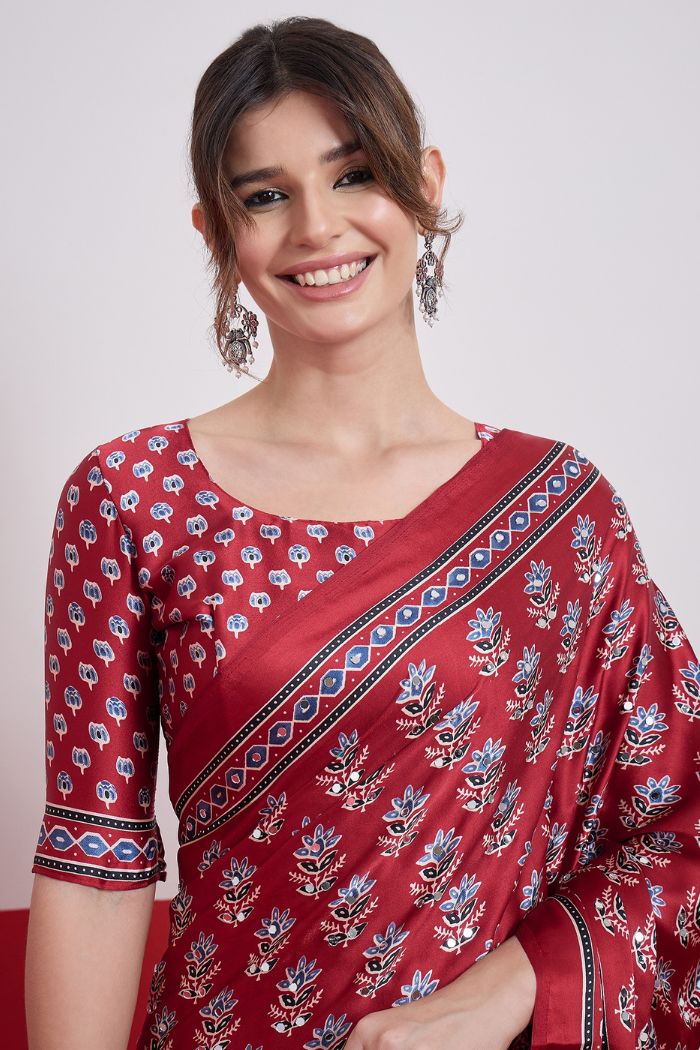 Buy MySilkLove Wine Maroon Modal Ajrakh Satin Printed Mirror Work Saree Online