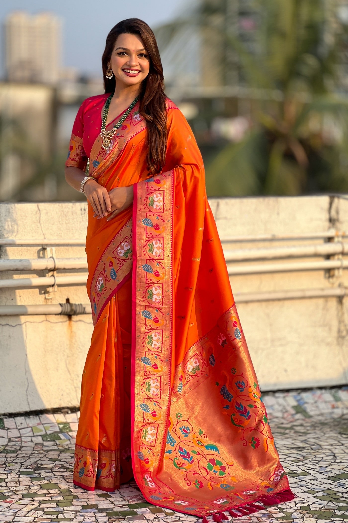 Buy MySilkLove Copper Orange Zari Woven Paithani Saree Online
