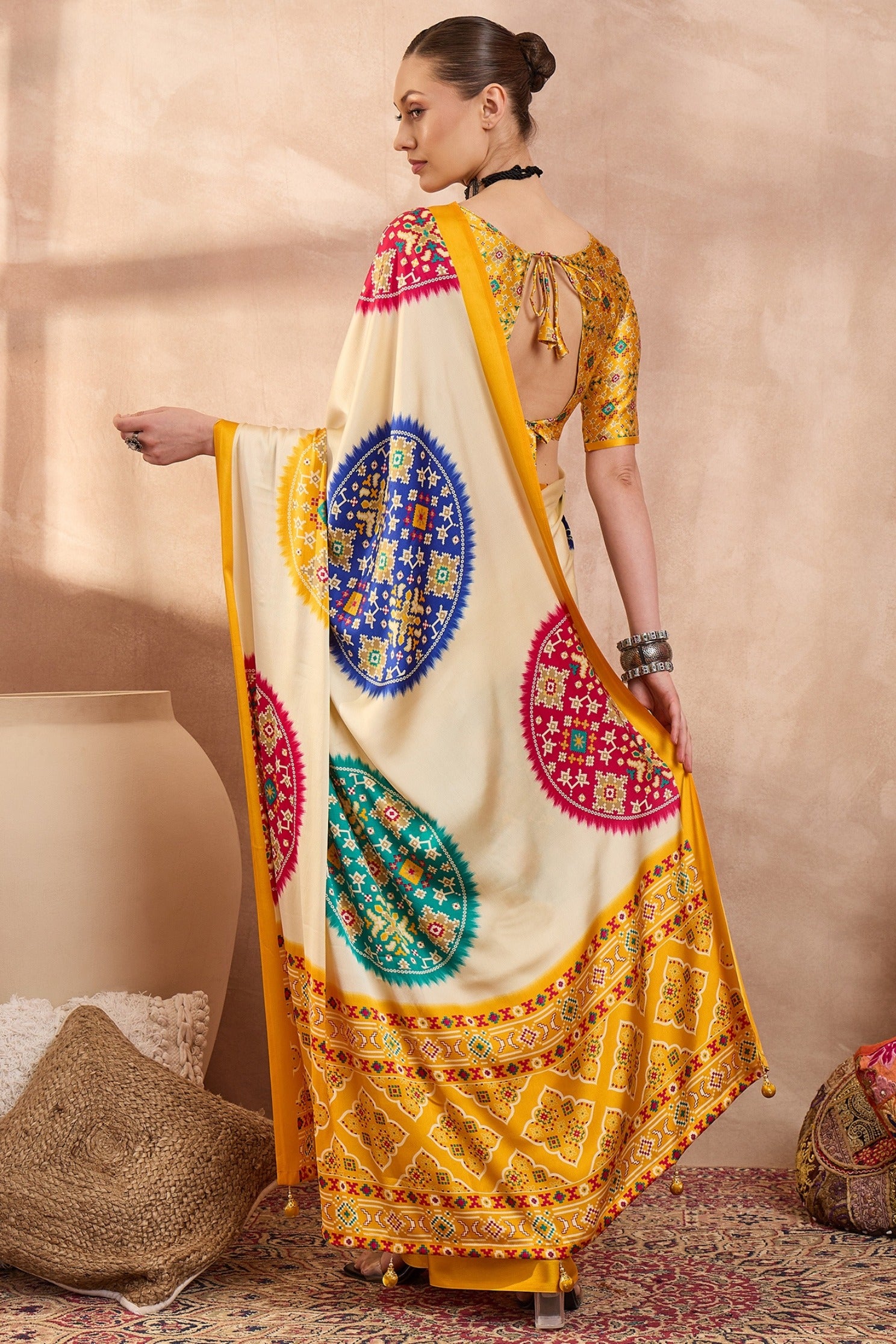 Buy MySilkLove Seashell Cream and Yellow Modal Ajrakh Printed Silk Saree Online