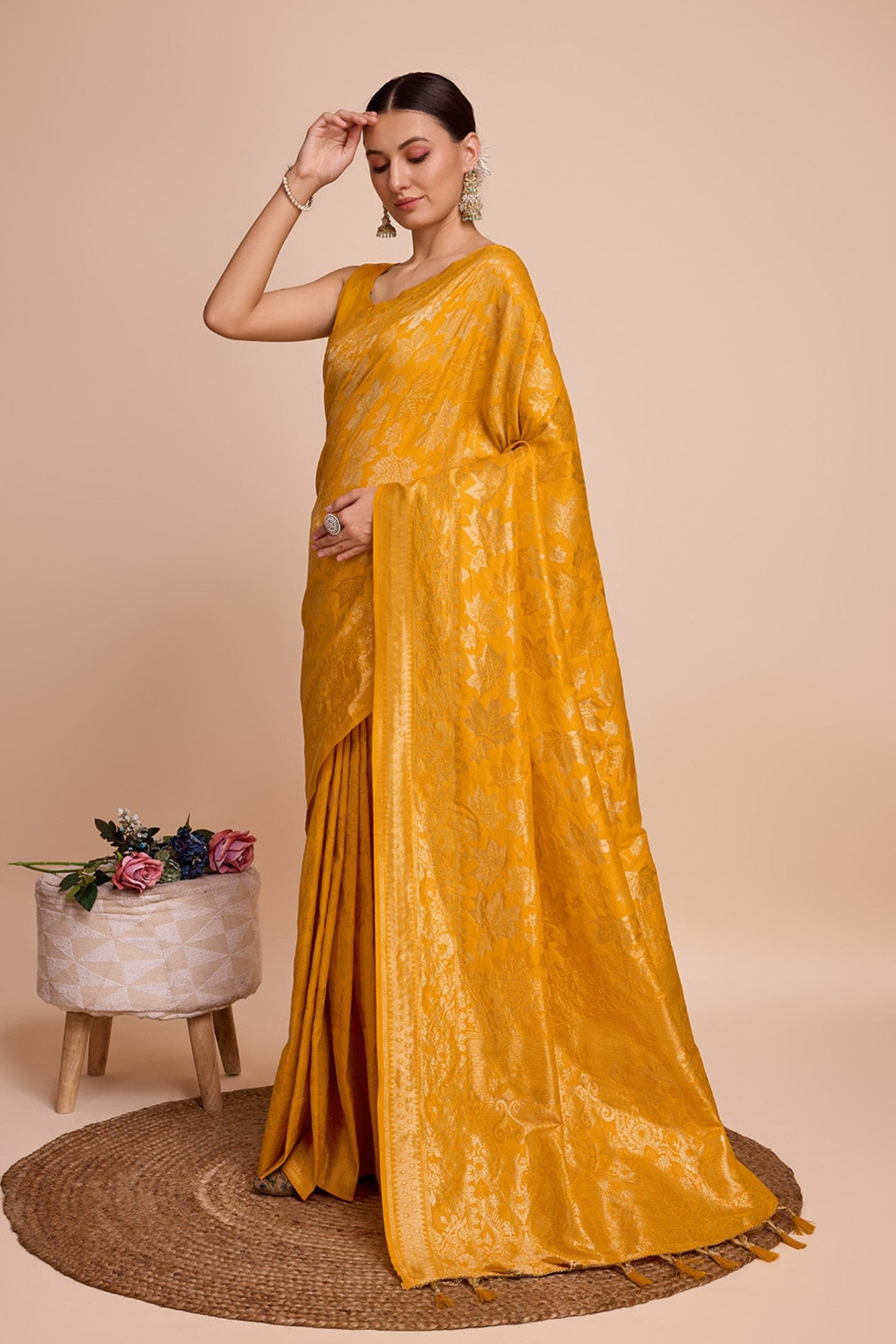 Buy MySilkLove Mikado Yellow Banarasi Soft Silk Saree Online