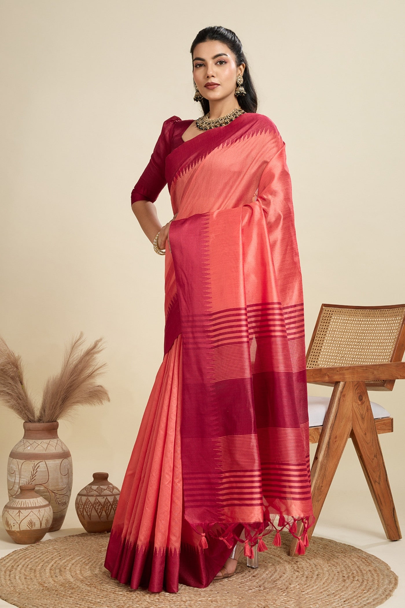 Buy MySilkLove Candy Peach Woven Raw Silk Saree Online