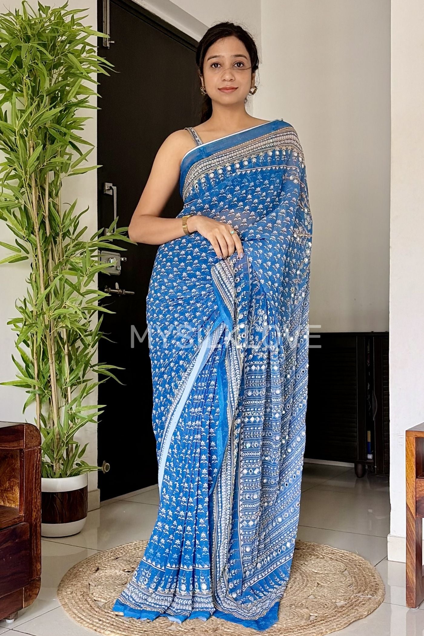 Buy MySilkLove Light Blue Ajrakh Georgette Mirror Work Saree Without Blouse Online