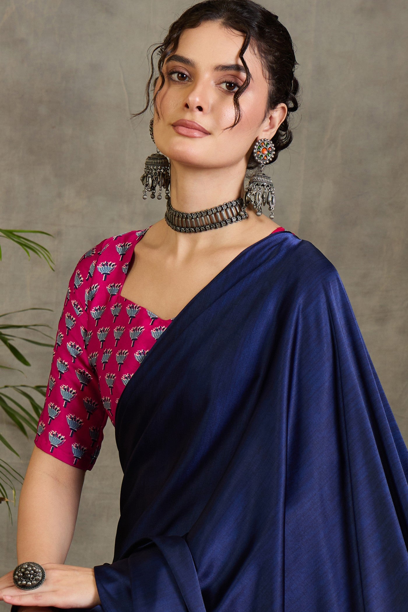 Buy MySilkLove Castle Blue and Pink Ajrakh Printed Satin Crepe Silk Saree Online