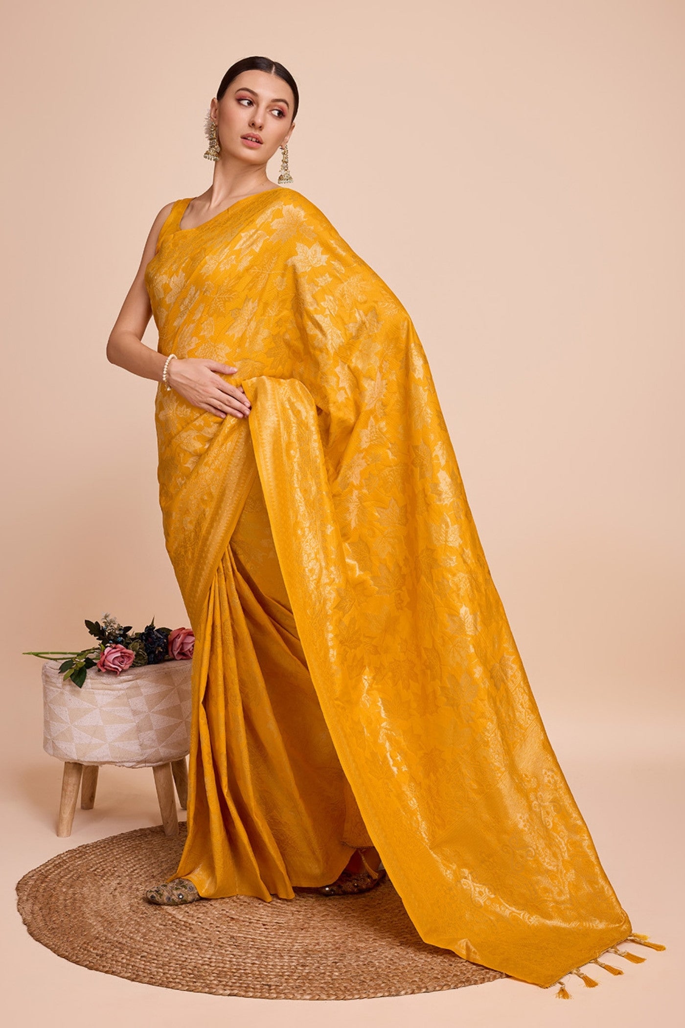 Buy MySilkLove Mikado Yellow Banarasi Soft Silk Saree Online