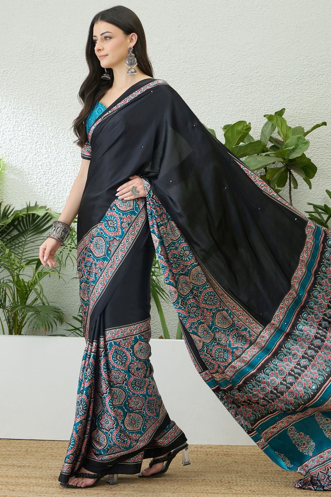 Buy MySilkLove Eclipse Black and Blue Modal Ajrakh Satin Printed Silk Saree Online
