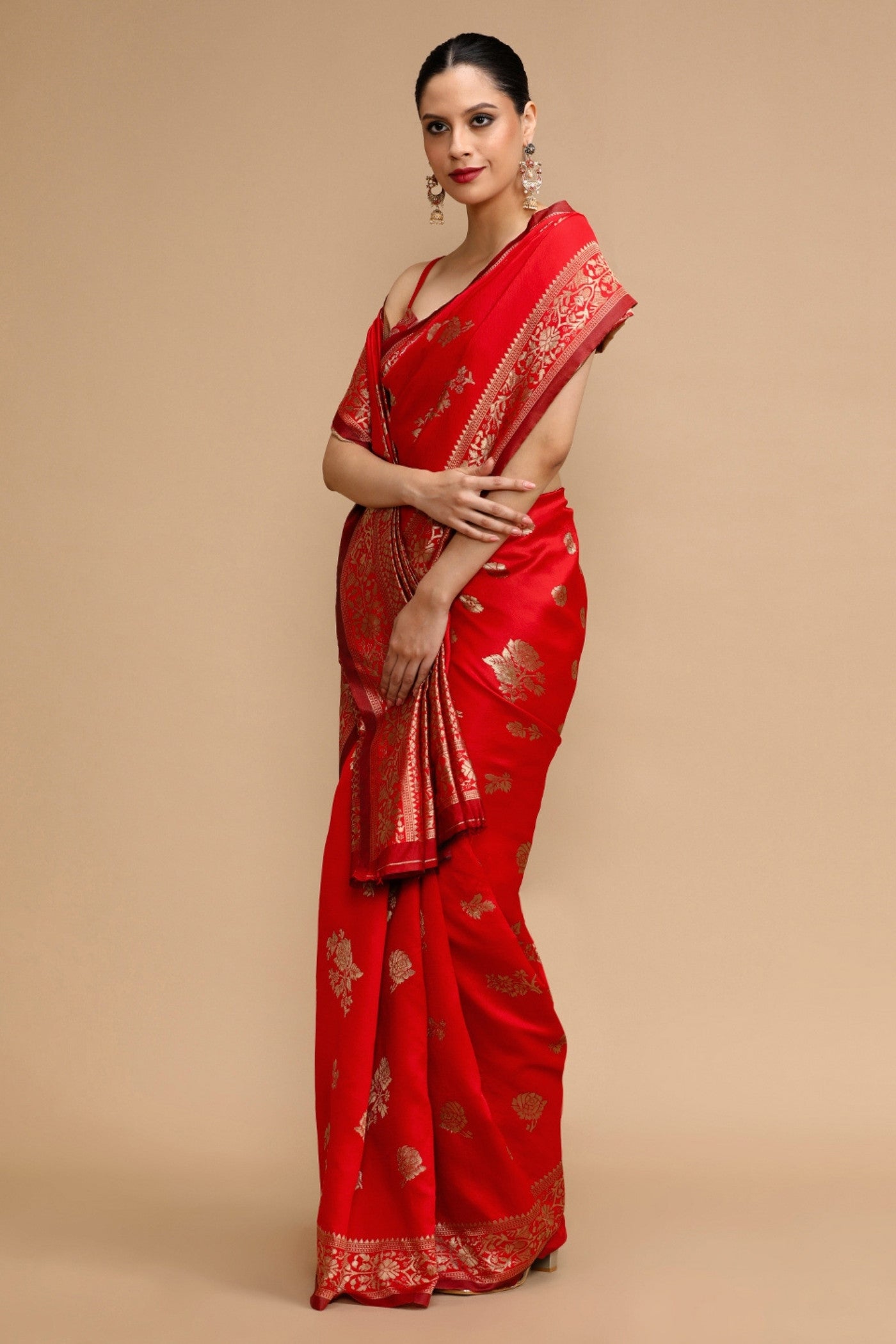 Buy MySilkLove Vermilion Red Woven Jacquard Lichi Silk Saree Online