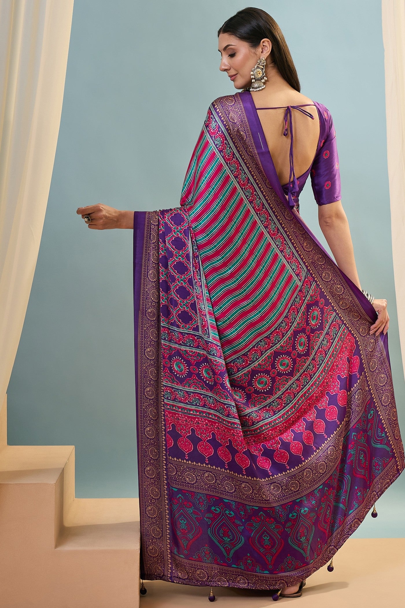 Buy MySilkLove Hexberry Purple Ajrakh Printed Satin Crepe Silk Saree Online