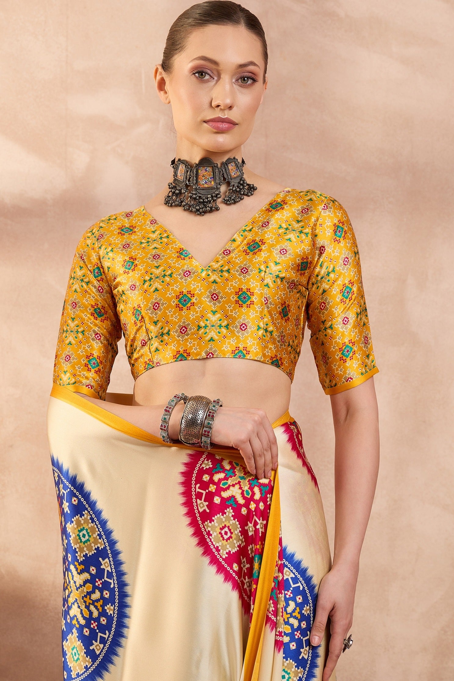 Buy MySilkLove Seashell Cream and Yellow Modal Ajrakh Printed Silk Saree Online