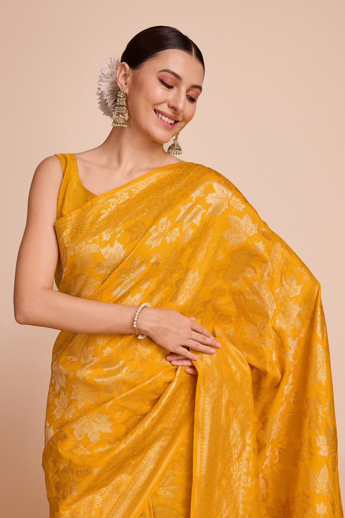Buy MySilkLove Mikado Yellow Banarasi Soft Silk Saree Online