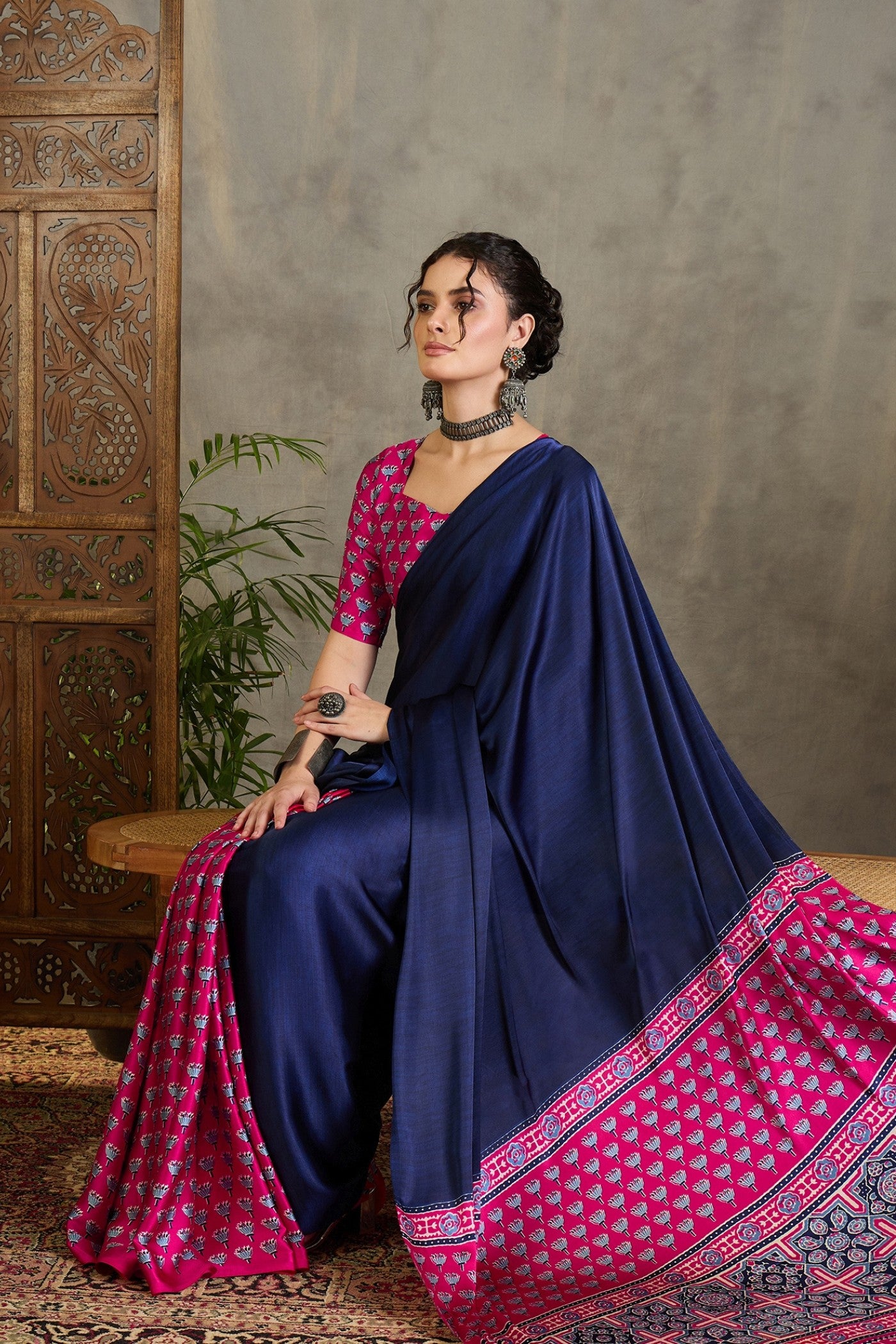Buy MySilkLove Castle Blue and Pink Ajrakh Printed Satin Crepe Silk Saree Online