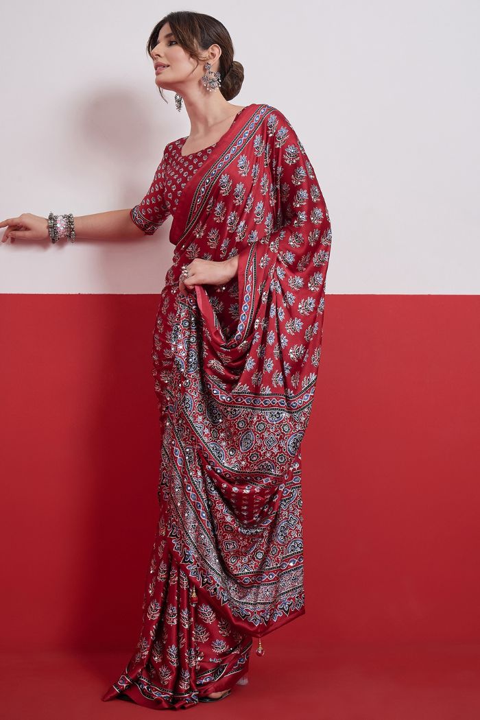 Buy MySilkLove Wine Maroon Modal Ajrakh Satin Printed Mirror Work Saree Online